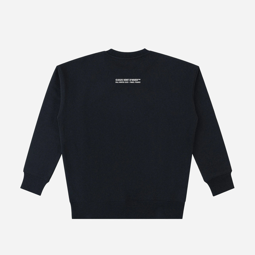 Black sweatshirt from VENT D'HIVER with a small white logo on the chest against a light gray background 