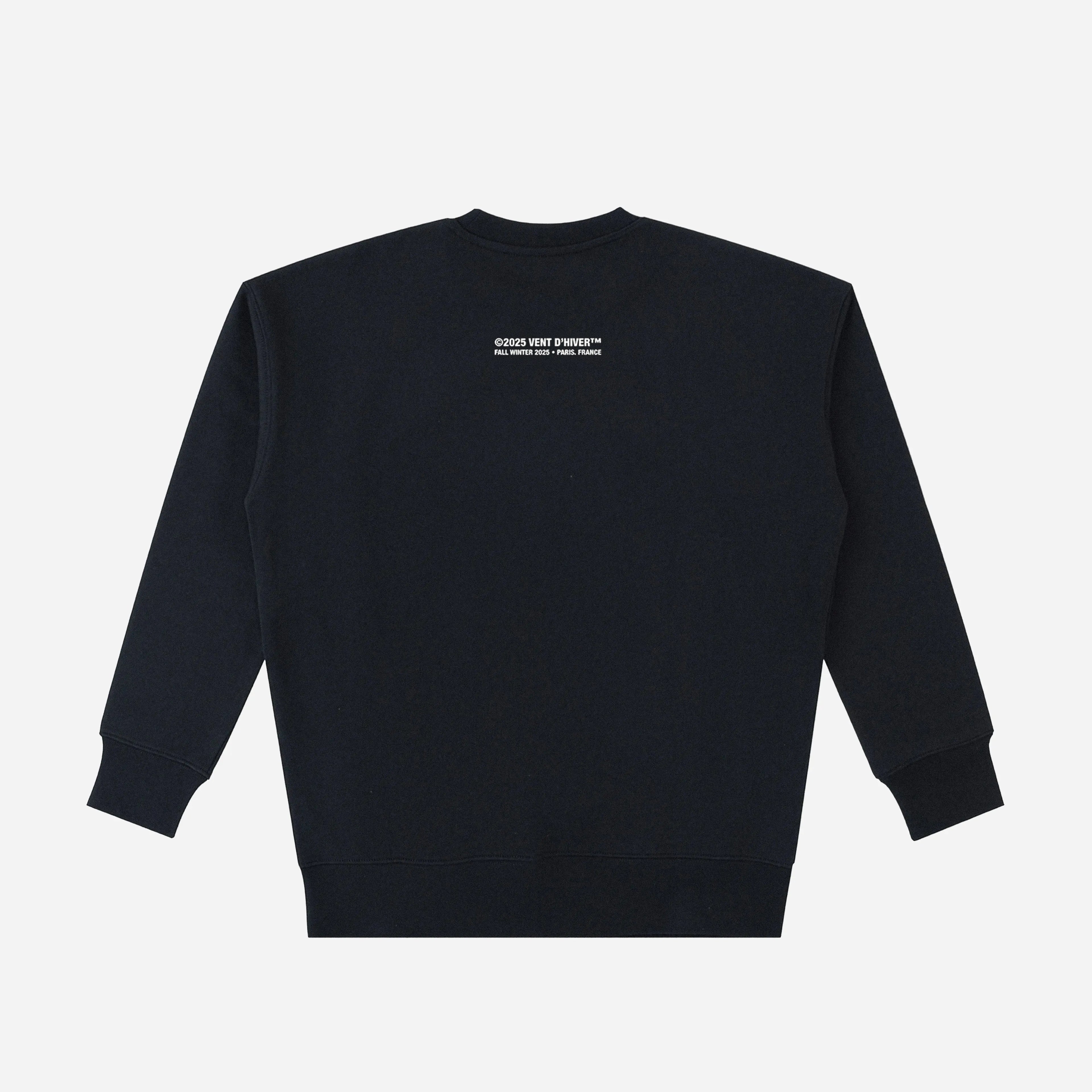 Black sweatshirt from VENT D'HIVER with a small white logo on the chest against a light gray background 
