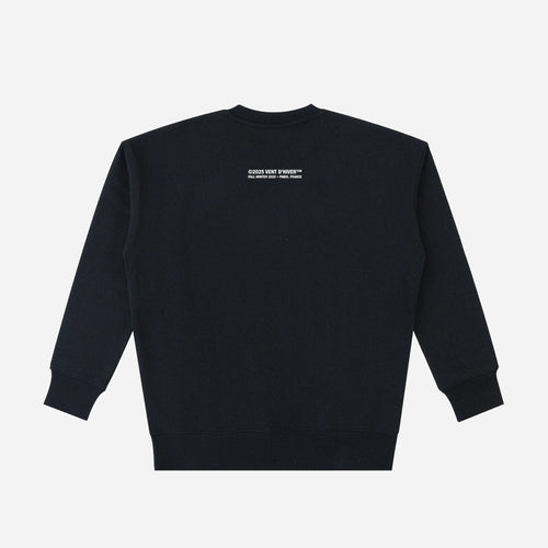 Black sweatshirt from VENT D'HIVER with a small white logo on the chest against a light gray background 