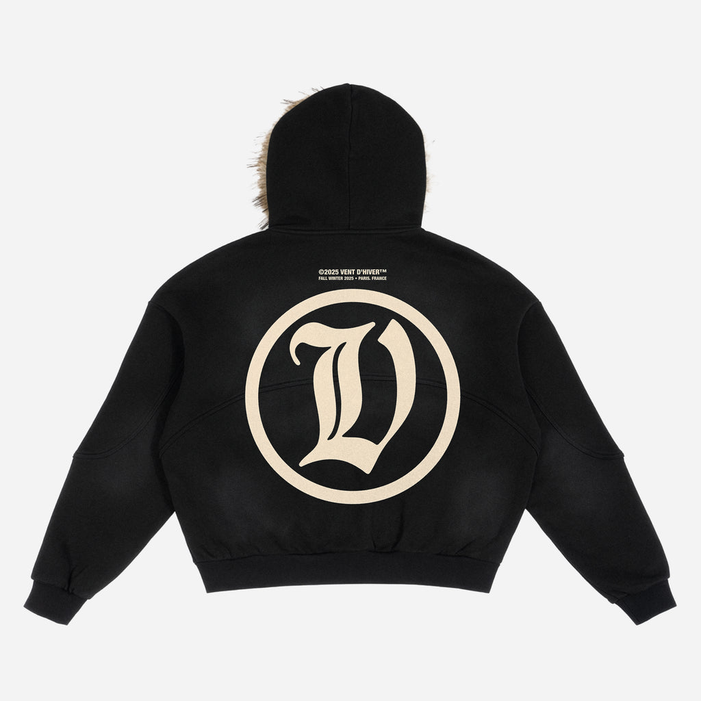 Black hoodie with a large beige 'L' logo on the back against a white background