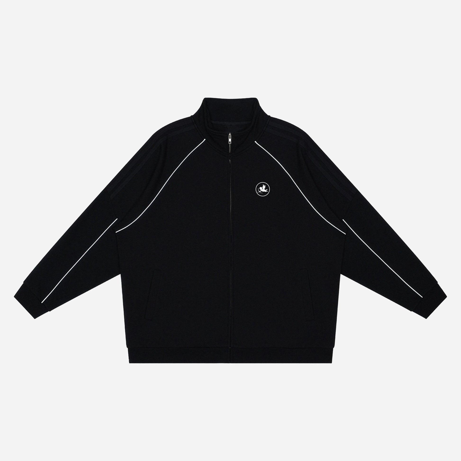 Black jacket with a logo on a white background