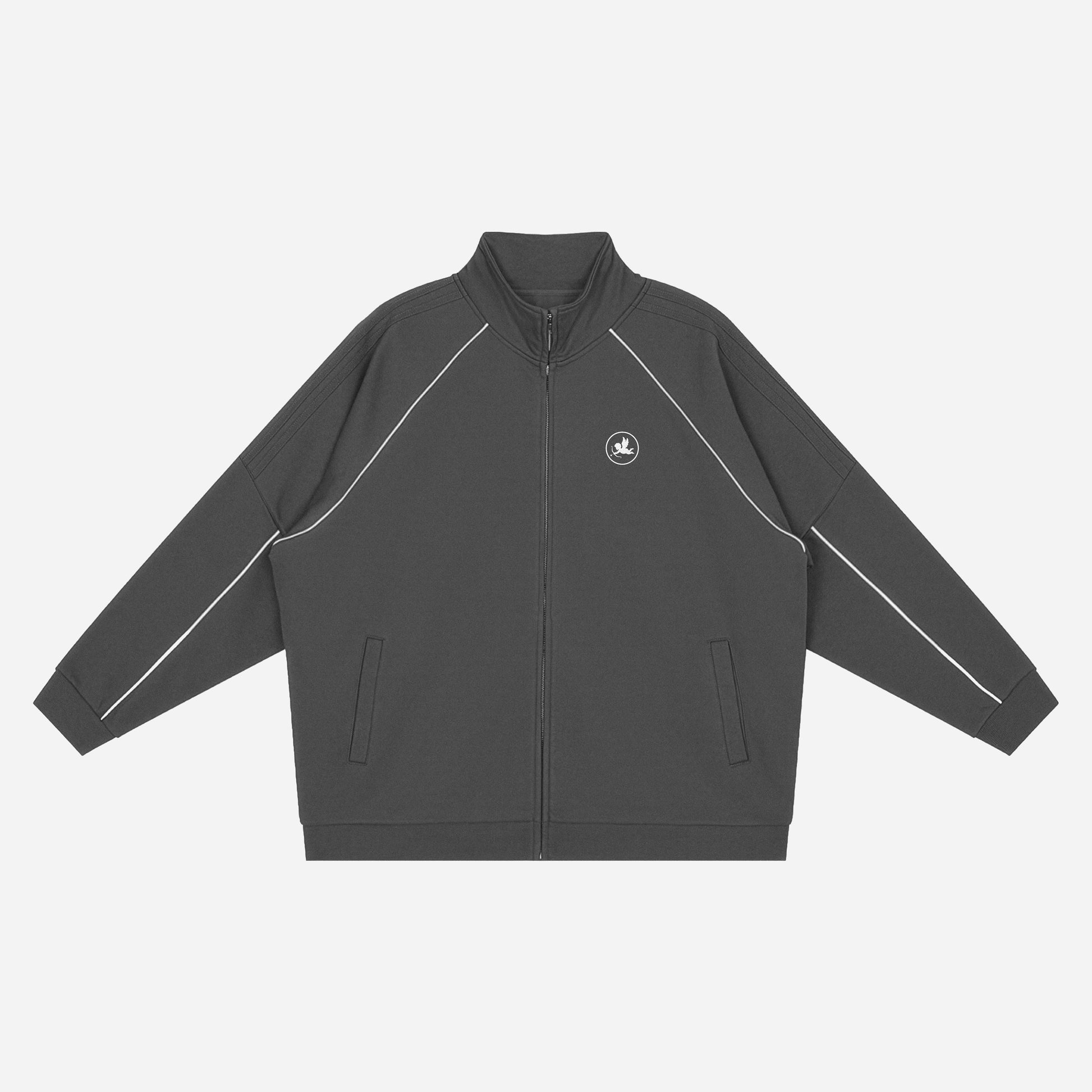 Dark gray jacket with white accents on a light gray background