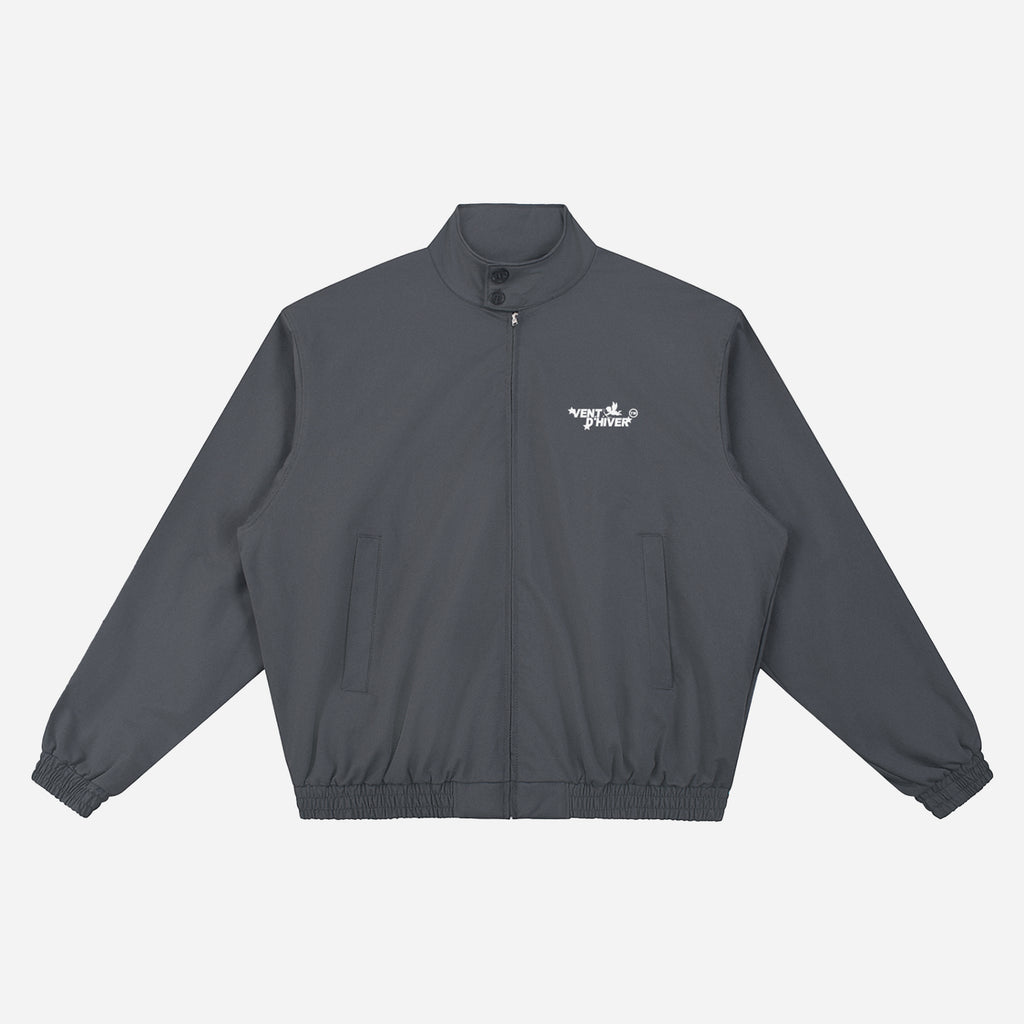 Dark gray jacket with a brand logo on a light gray background