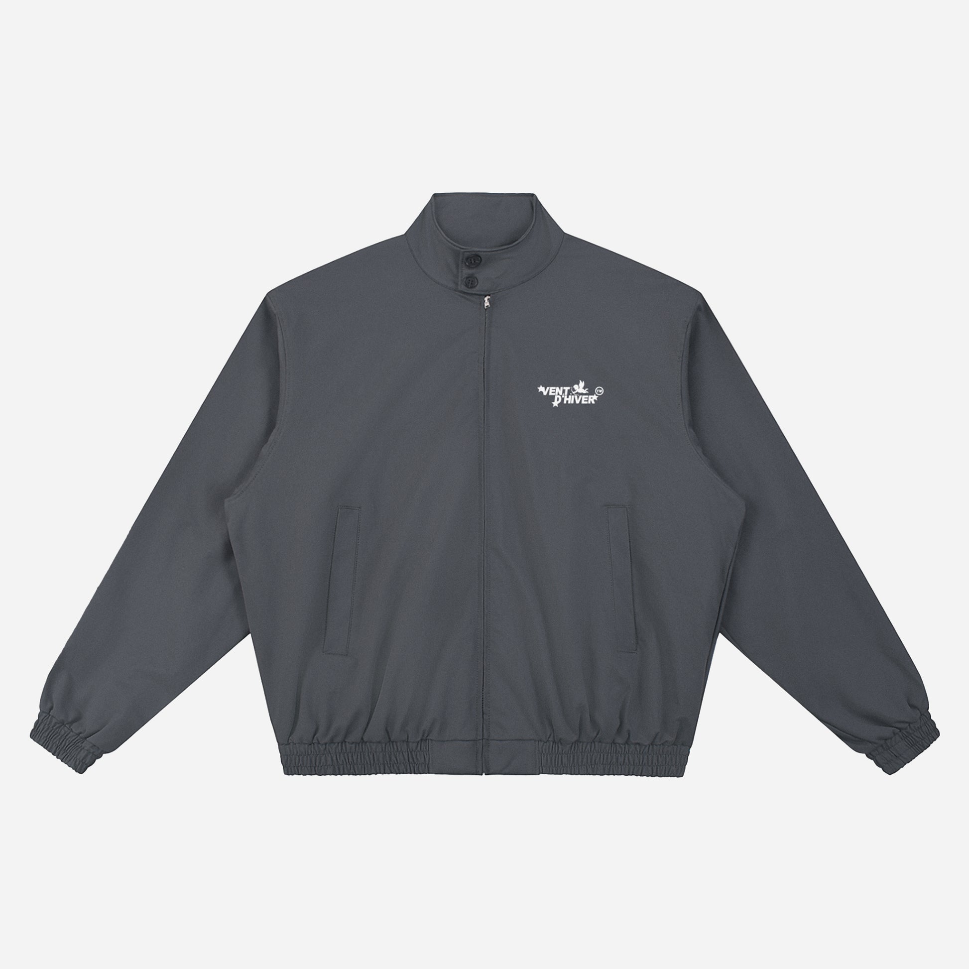 Dark gray jacket with a brand logo on a light gray background