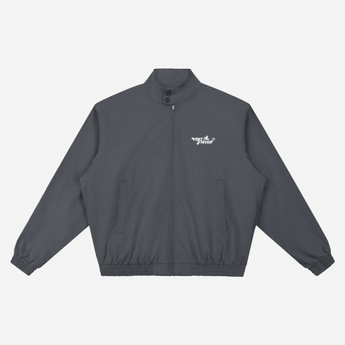 Dark gray jacket with a brand logo on a light gray background