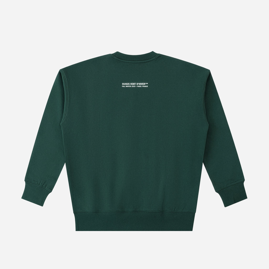 Green sweatshirt with a logo on the back against a white background