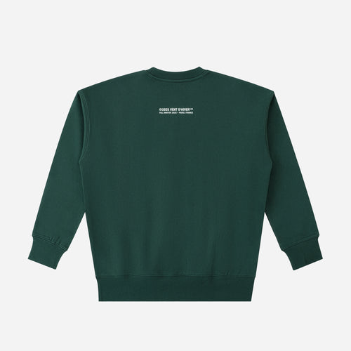 Green sweatshirt with a logo on the back against a white background
