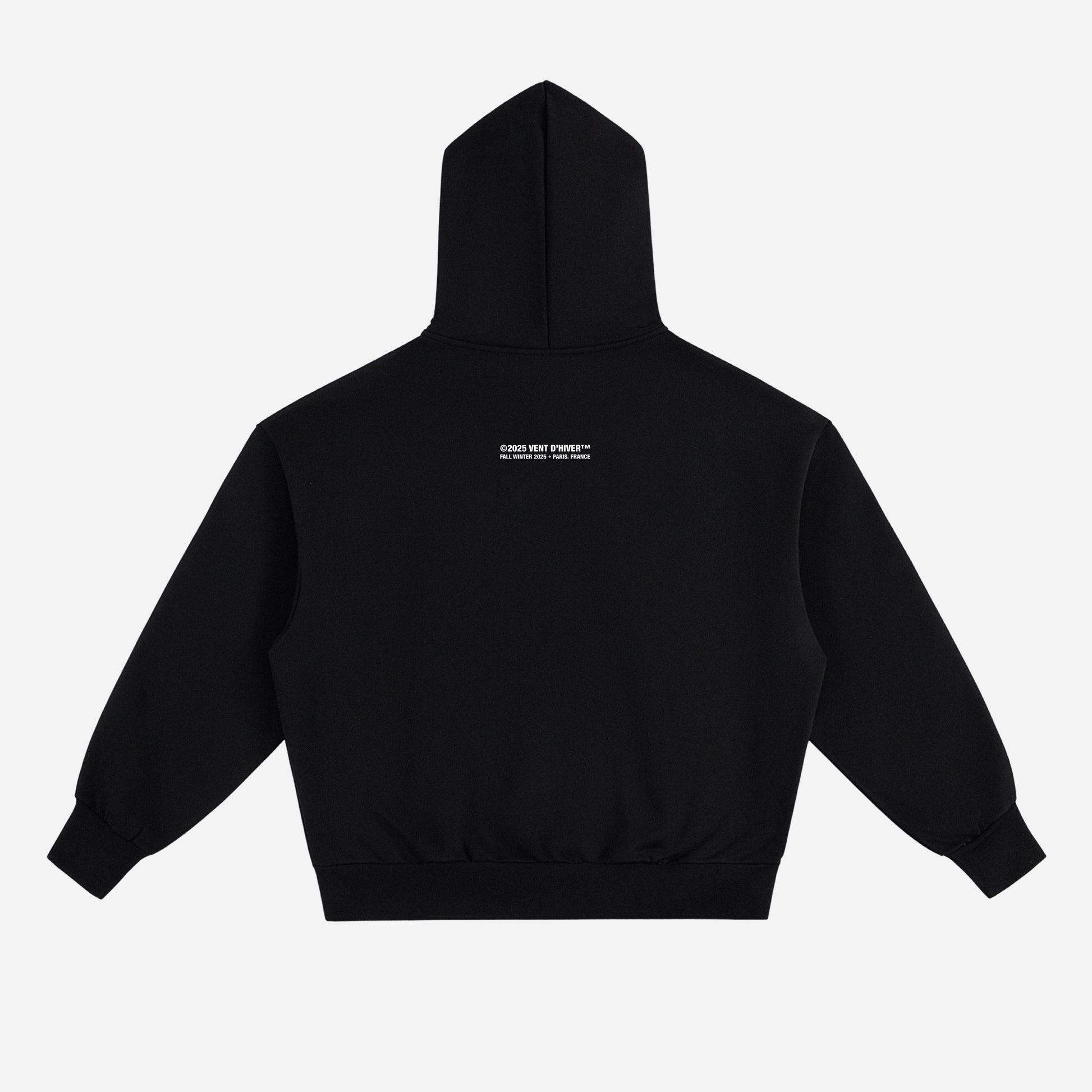 Black hoodie with a logo on the back against a white background
