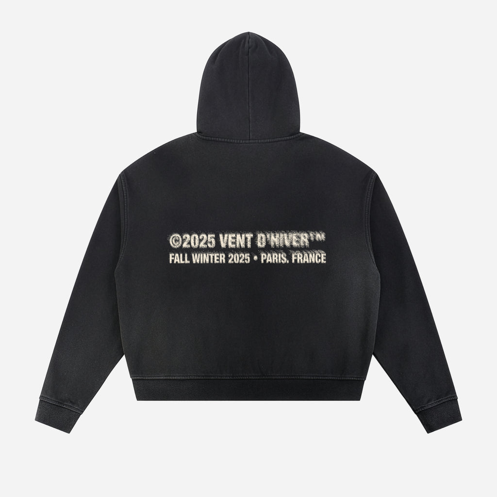 Black hoodie with text on the back on a white background