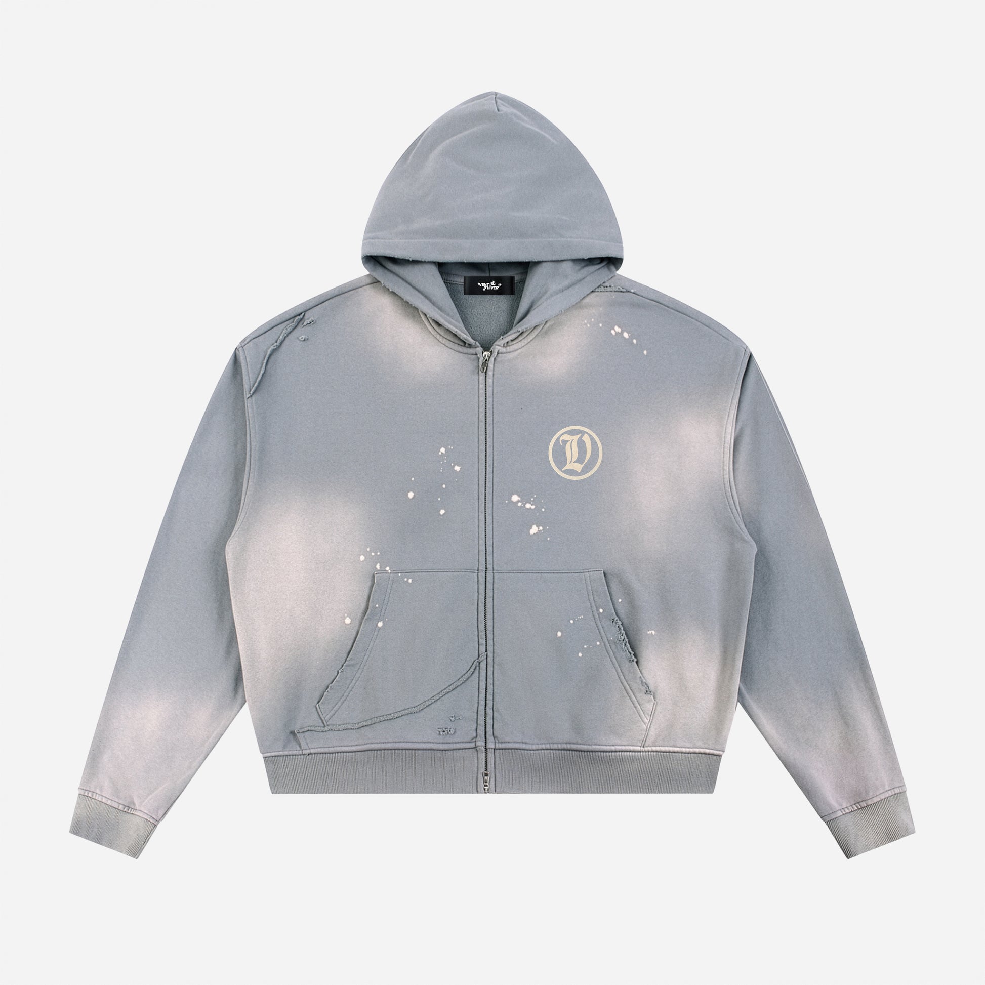 Gray hoodie with a logo on a white background