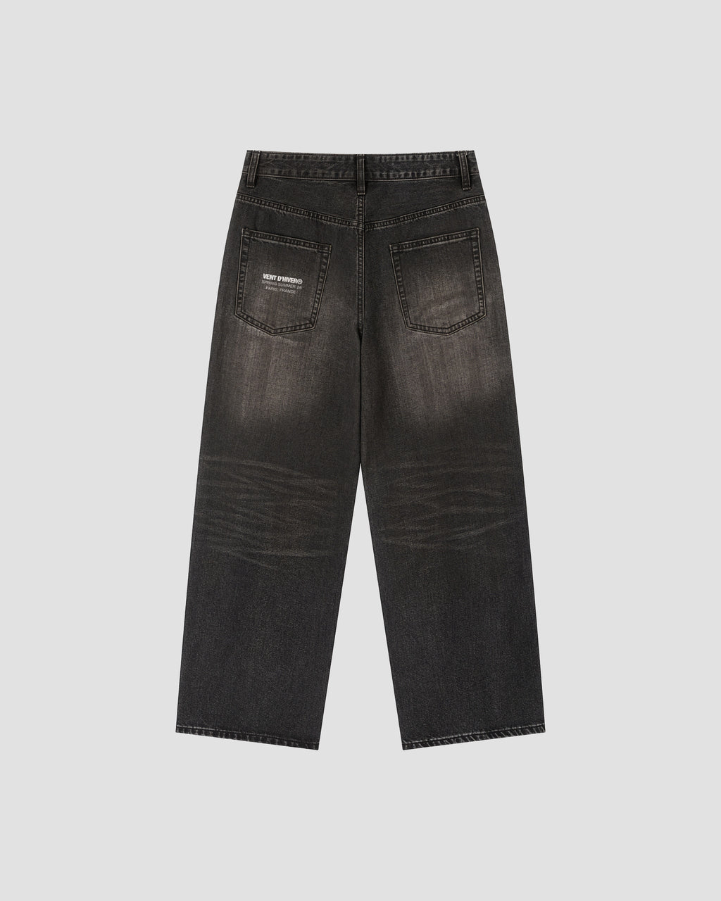 VENT D'HIVER™ Vintage Wash Denim in black featuring a wide-leg fit, vintage washed finish, and signature Angel Collection print at the back pocket.