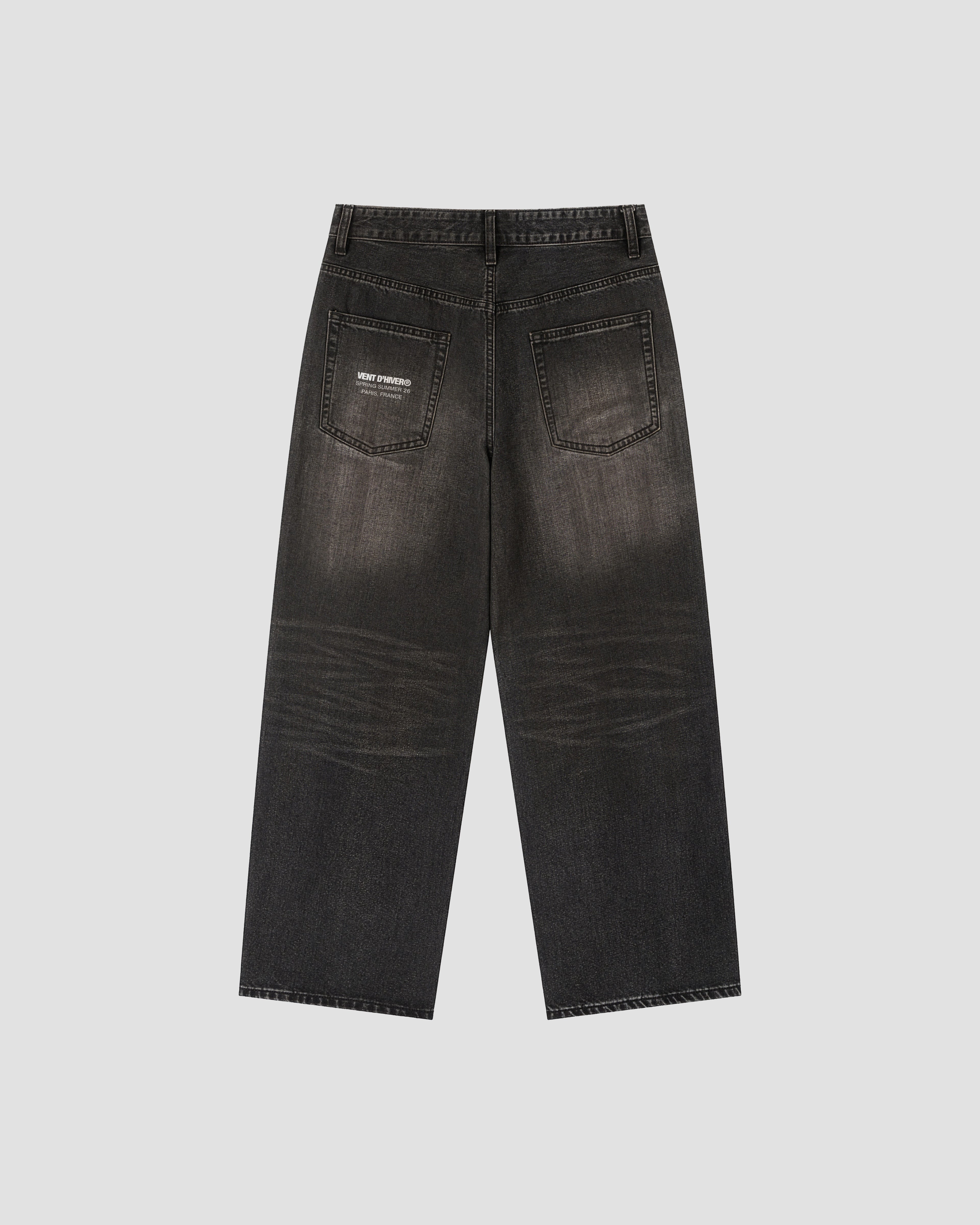 VENT D'HIVER™ Vintage Wash Denim in black featuring a wide-leg fit, vintage washed finish, and signature Angel Collection print at the back pocket.