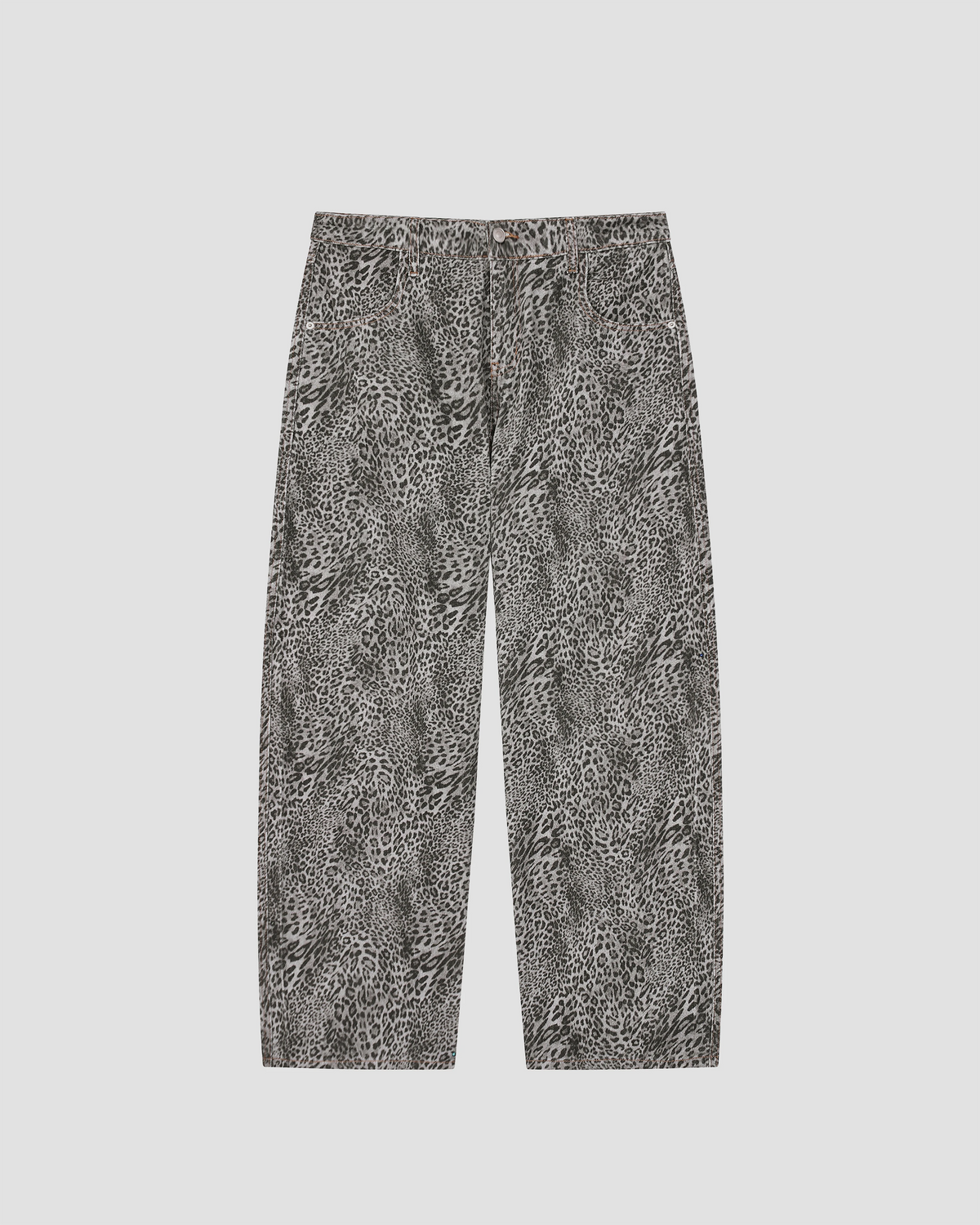 EIRDY Leopard Denim wide-leg jeans in gray and black leopard print, front view.