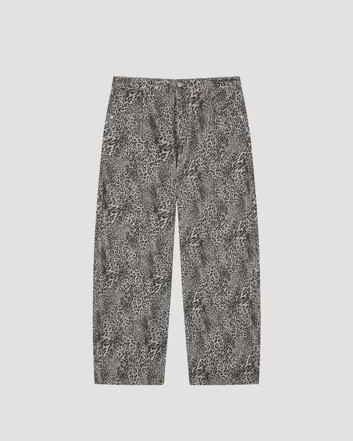 EIRDY Leopard Denim wide-leg jeans in gray and black leopard print, front view.