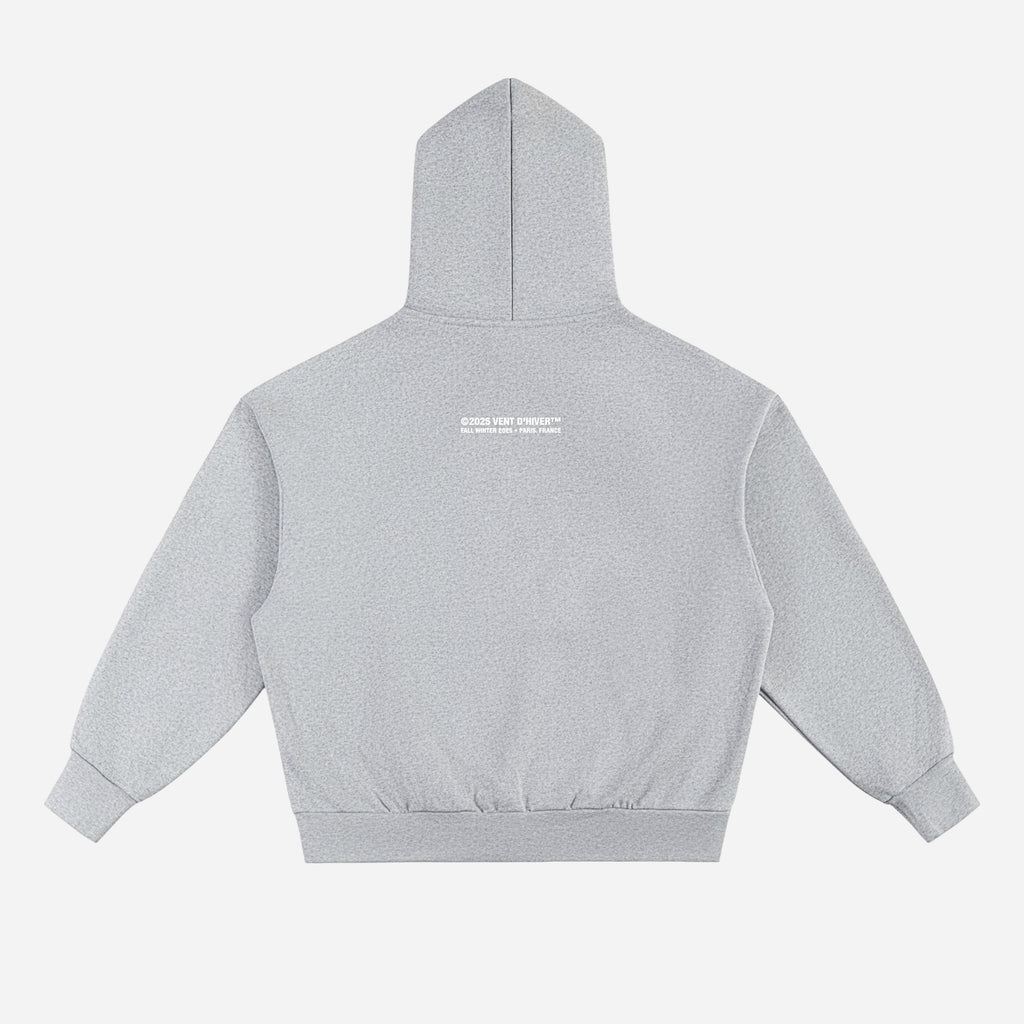 Gray hoodie with a logo on the back against a white background