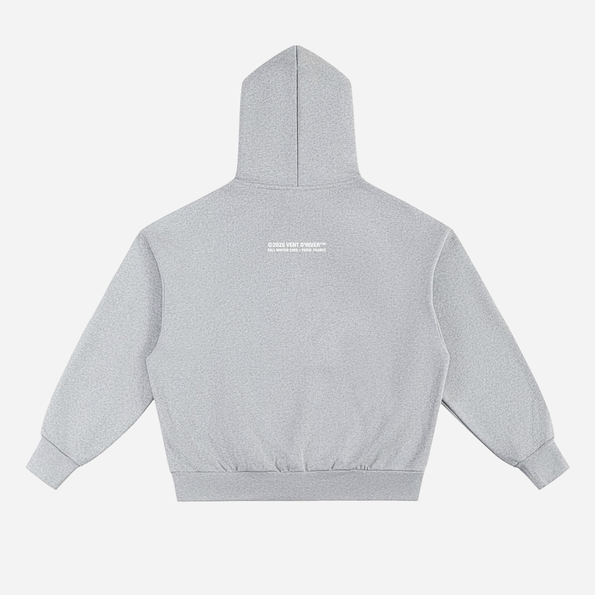 Gray hoodie with a logo on the back against a white background