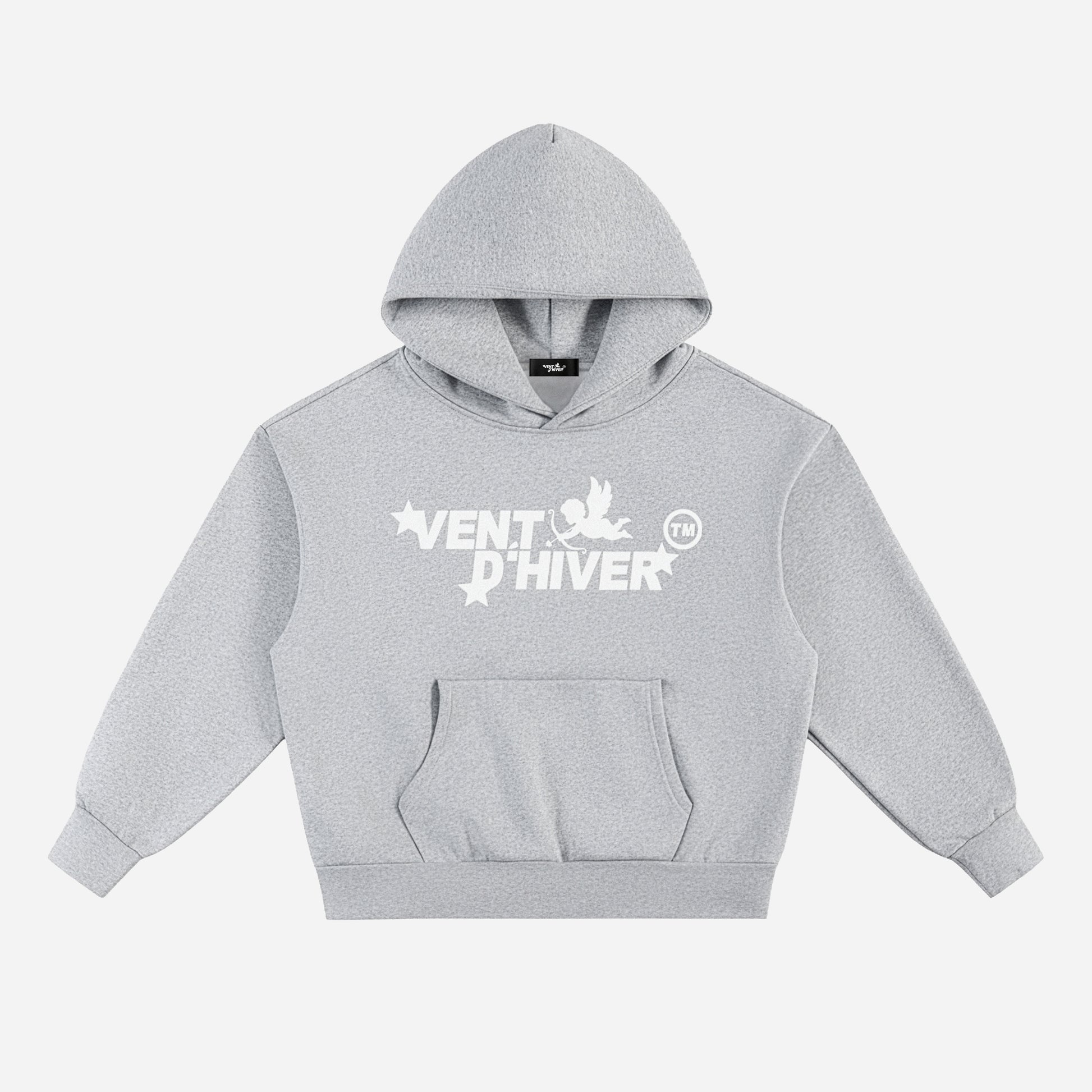 Gray hoodie with a white logo on a white background