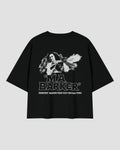Black oversized heavyweight cotton T-shirt featuring a small white VENT D'HIVER® logo on the front chest. The back showcases a vintage monochrome illustration of Ma Barker holding a Thompson submachine gun, with large distressed "MA BARKER" typography and the phrase "FIERCEST WOMAN FROM OLD CHICAGO TOWN" beneath.