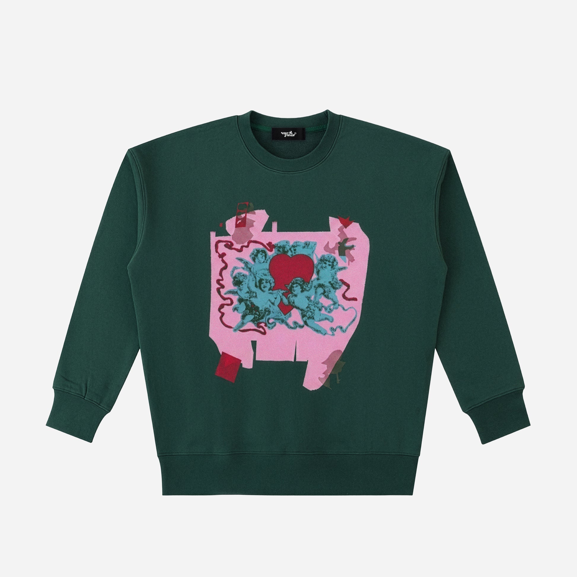 Green sweatshirt with a colorful graphic design on a white background