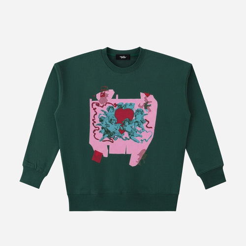 Green sweatshirt with a colorful graphic design on a white background