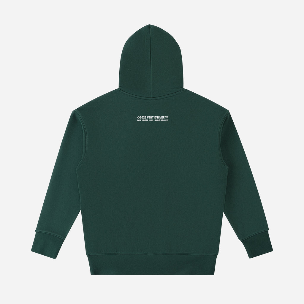 Green hoodie with a small white logo on the back against a light gray background