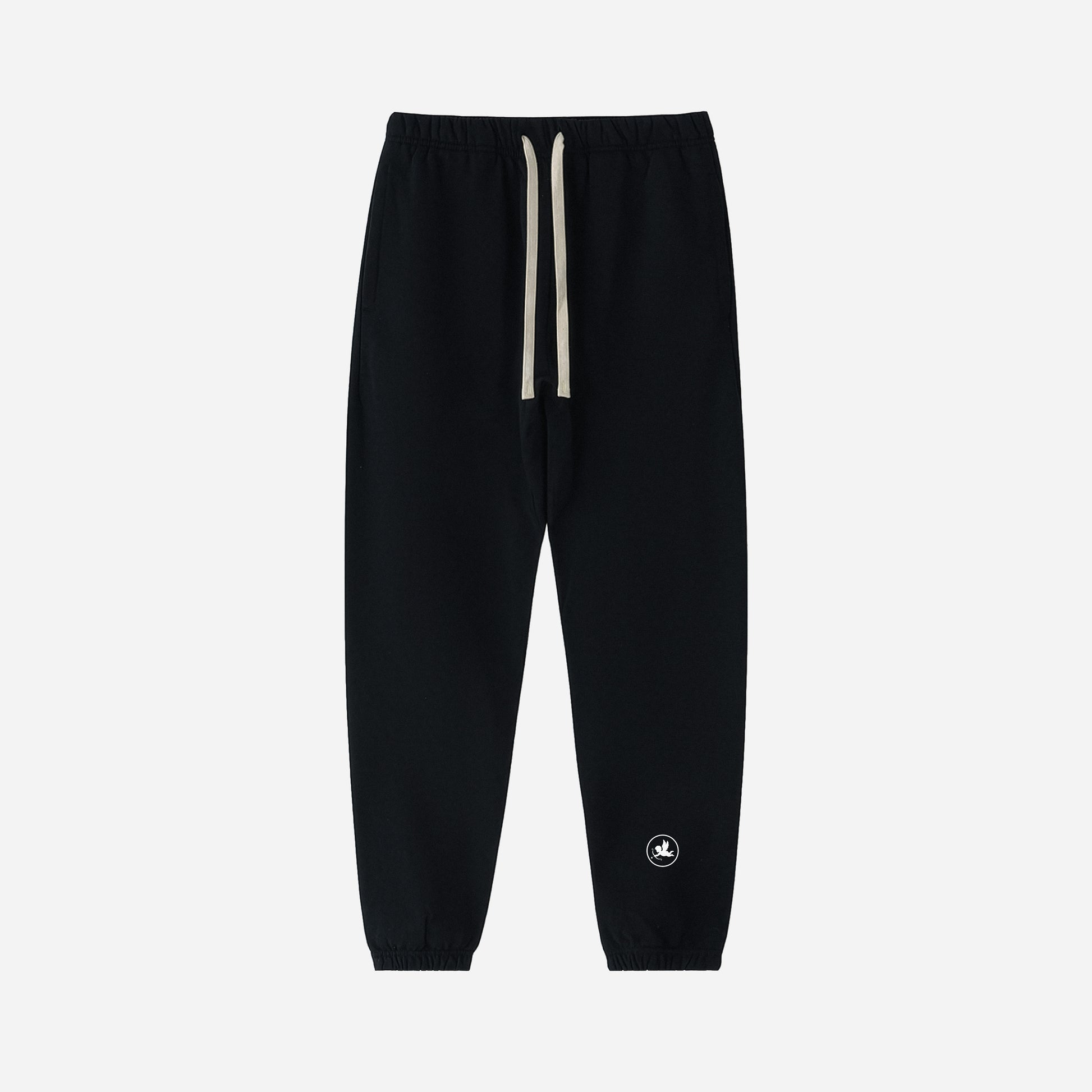 Black jogger pants with a small logo on a light gray background