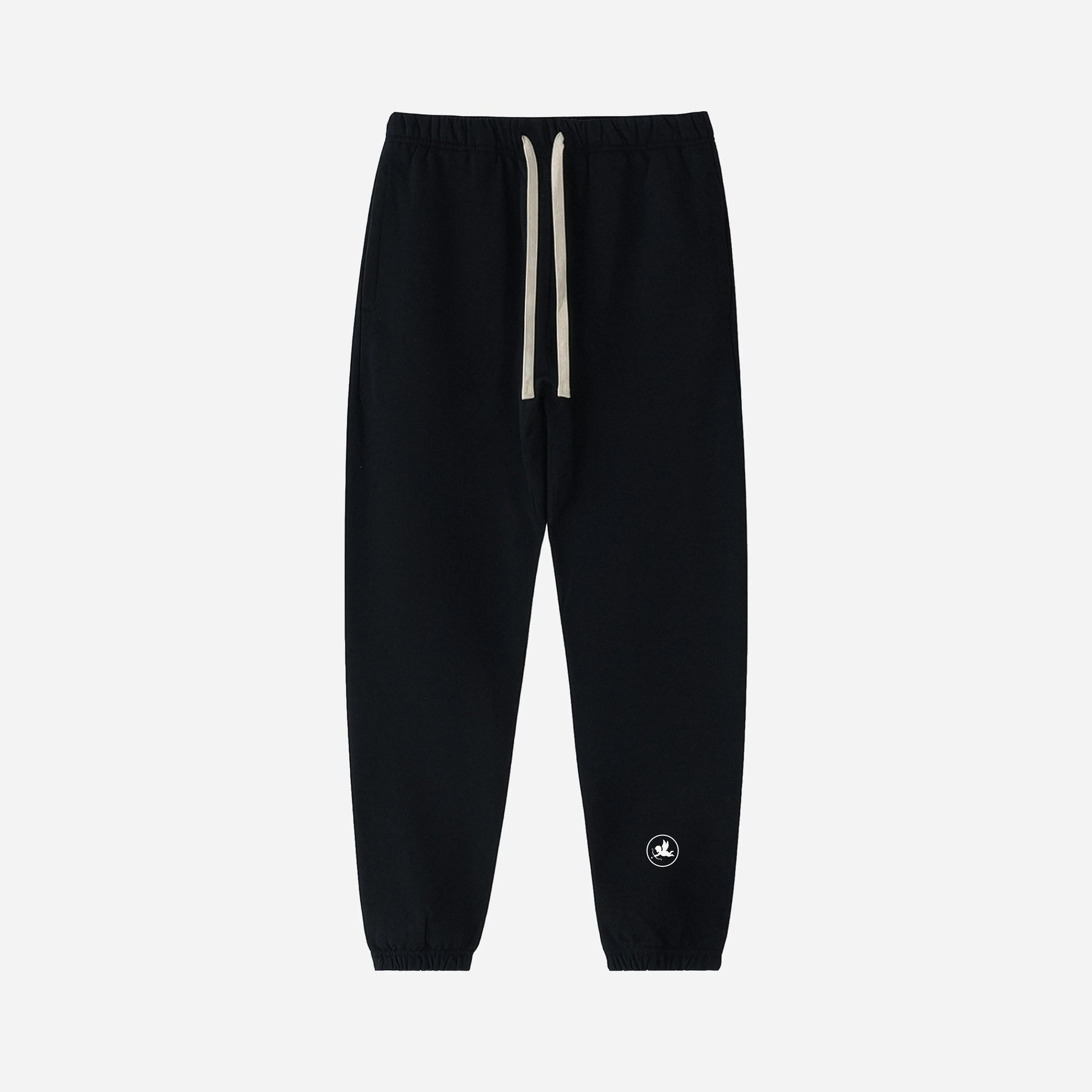 Black jogger pants with a small logo on a light gray background
