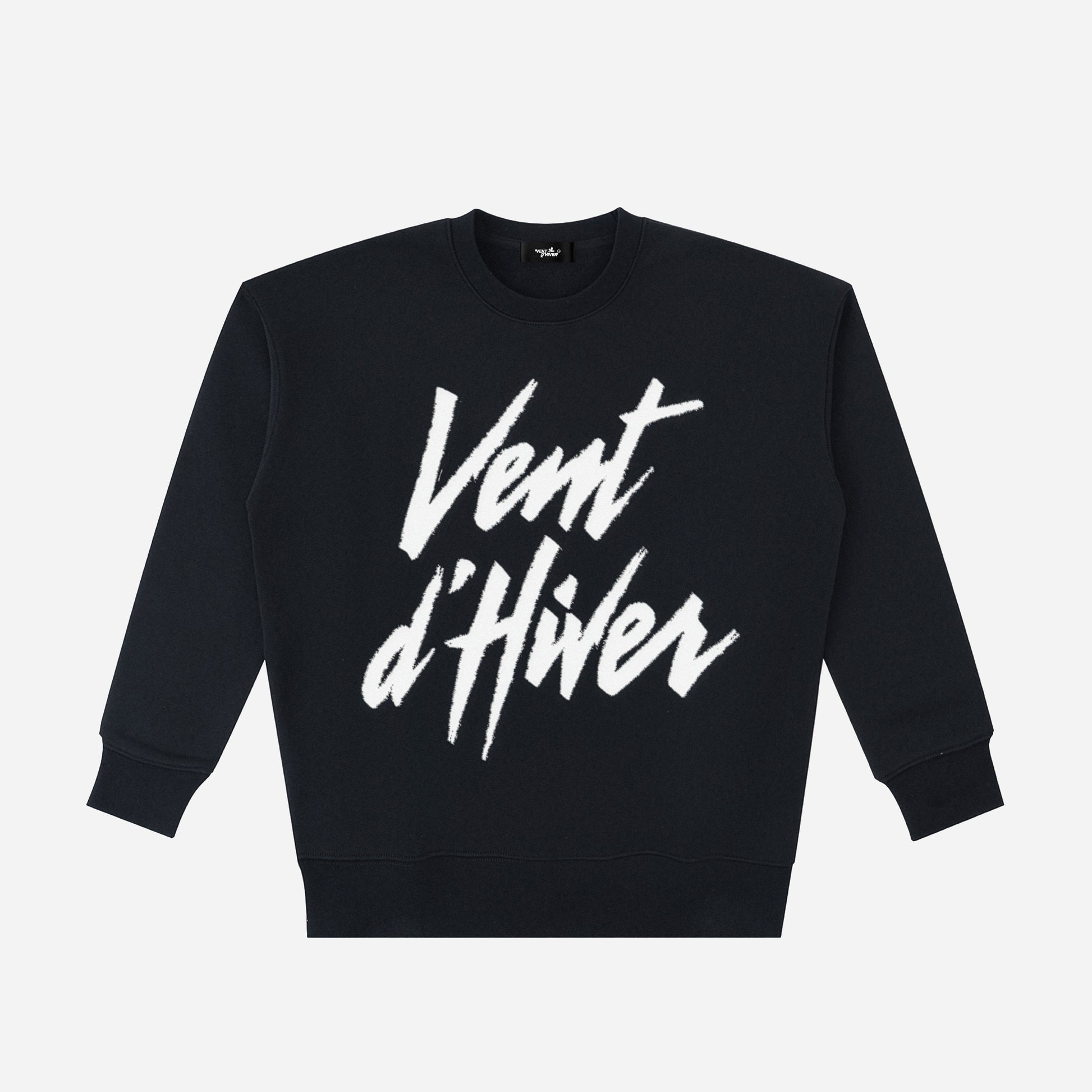 Black sweatshirt with white text 'Vent d'Hiver' on a light gray background