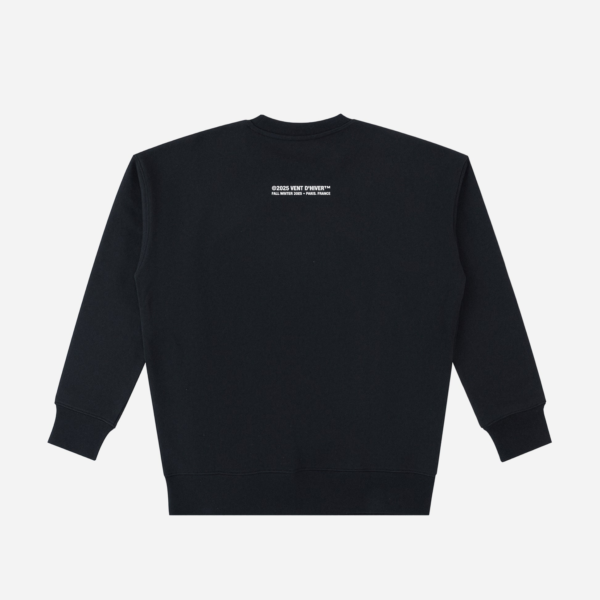Black sweatshirt with a small white logo on the chest against a light gray background