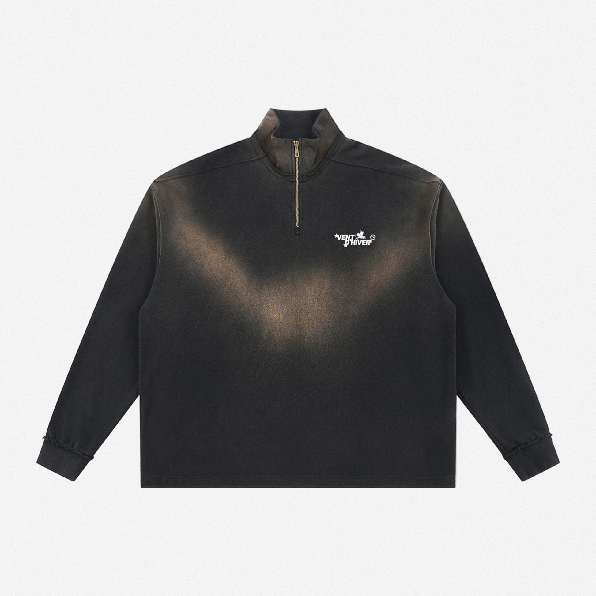 Black quarter-zip with a logo on a white background