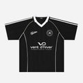 VENT D'HIVER Transatlantic League shadow-stripe soccer jersey in black with white, front view