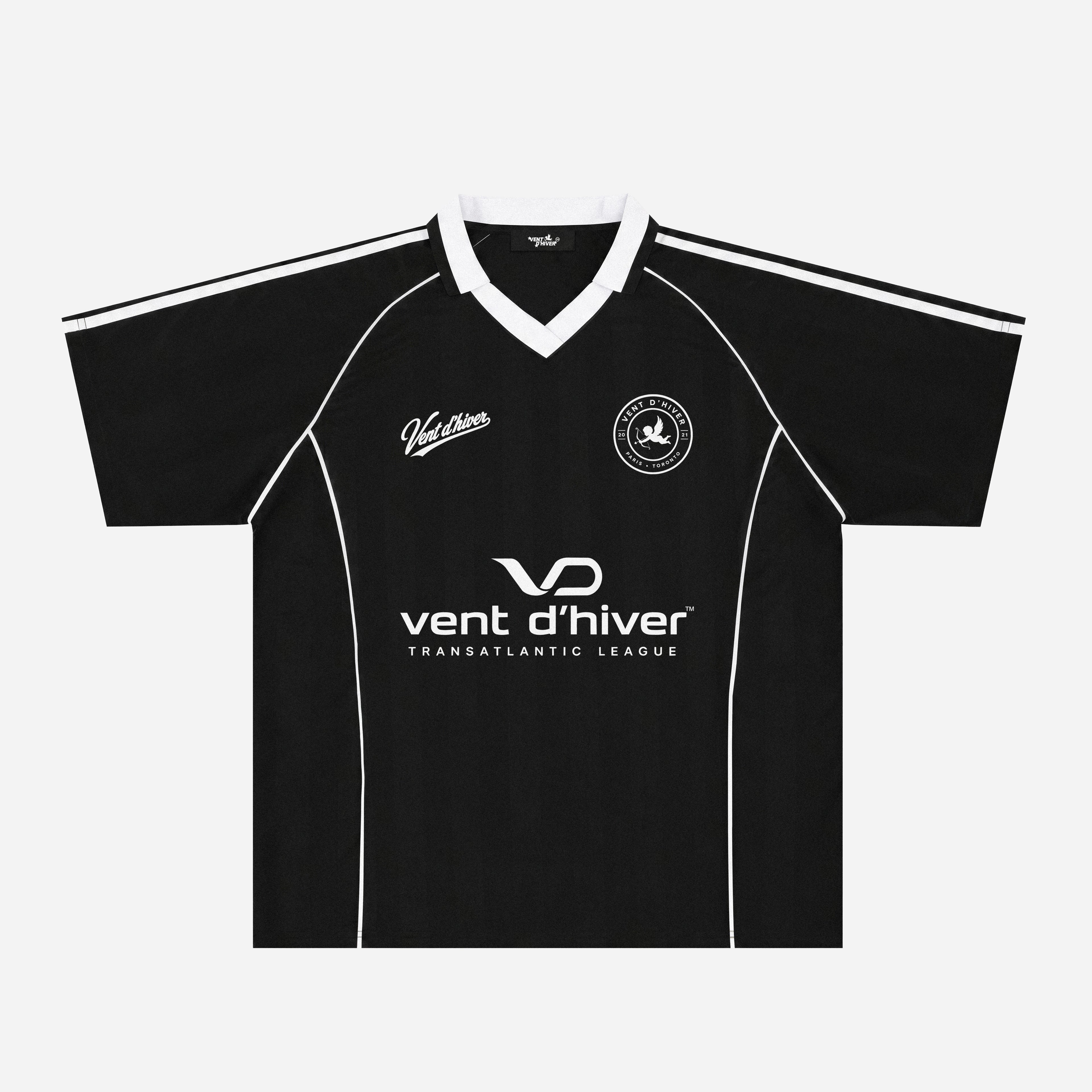VENT D'HIVER Transatlantic League shadow-stripe soccer jersey in black with white, front view