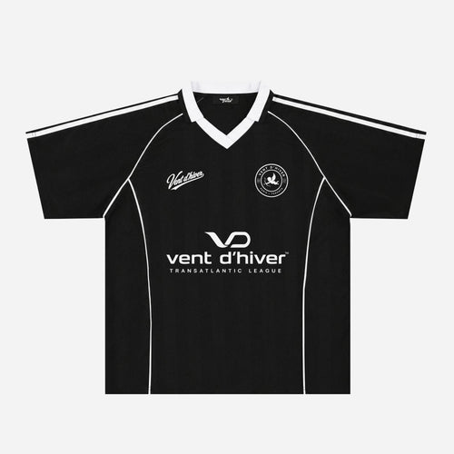 VENT D'HIVER Transatlantic League shadow-stripe soccer jersey in black with white, front view