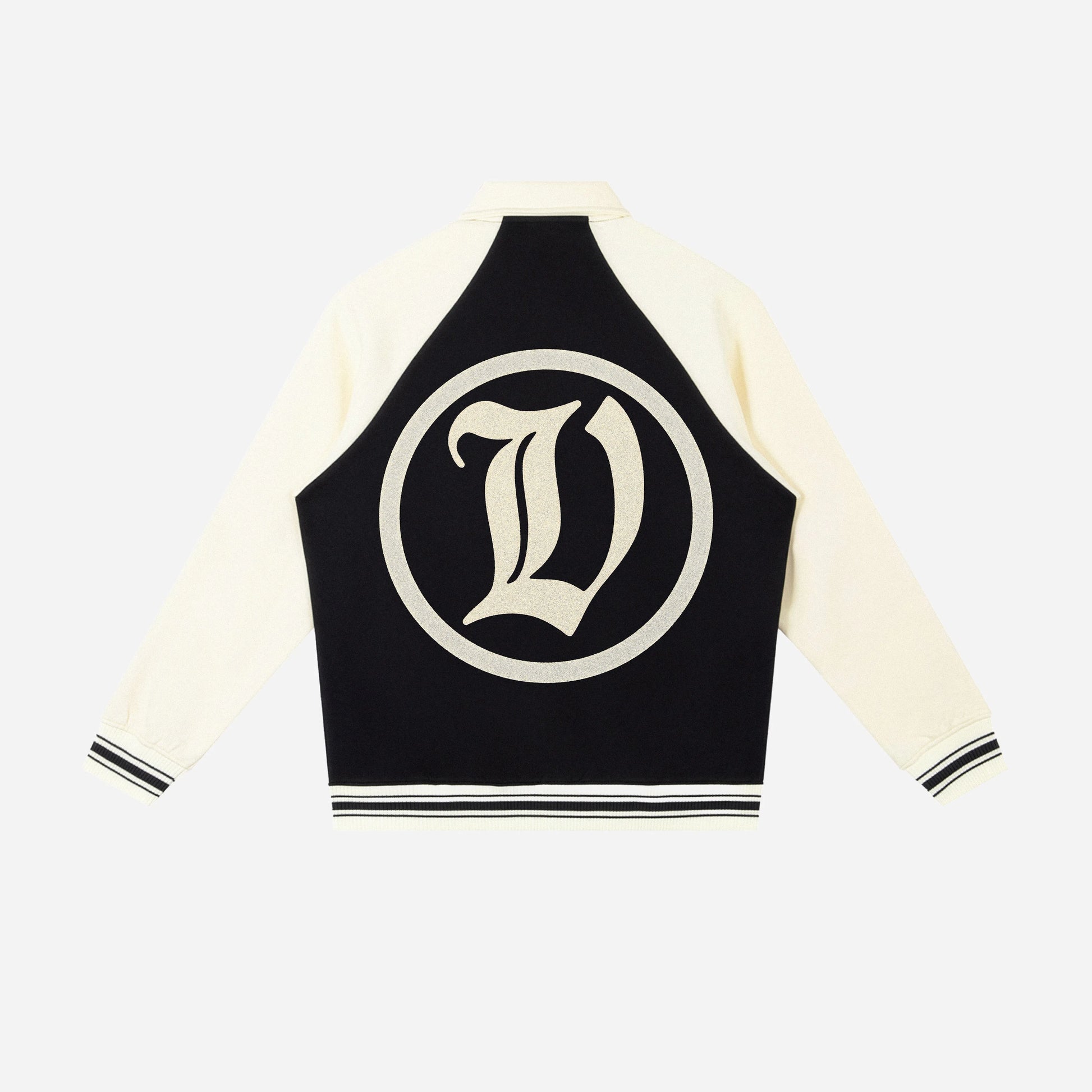 Black and white varsity jacket with a logo on a white background