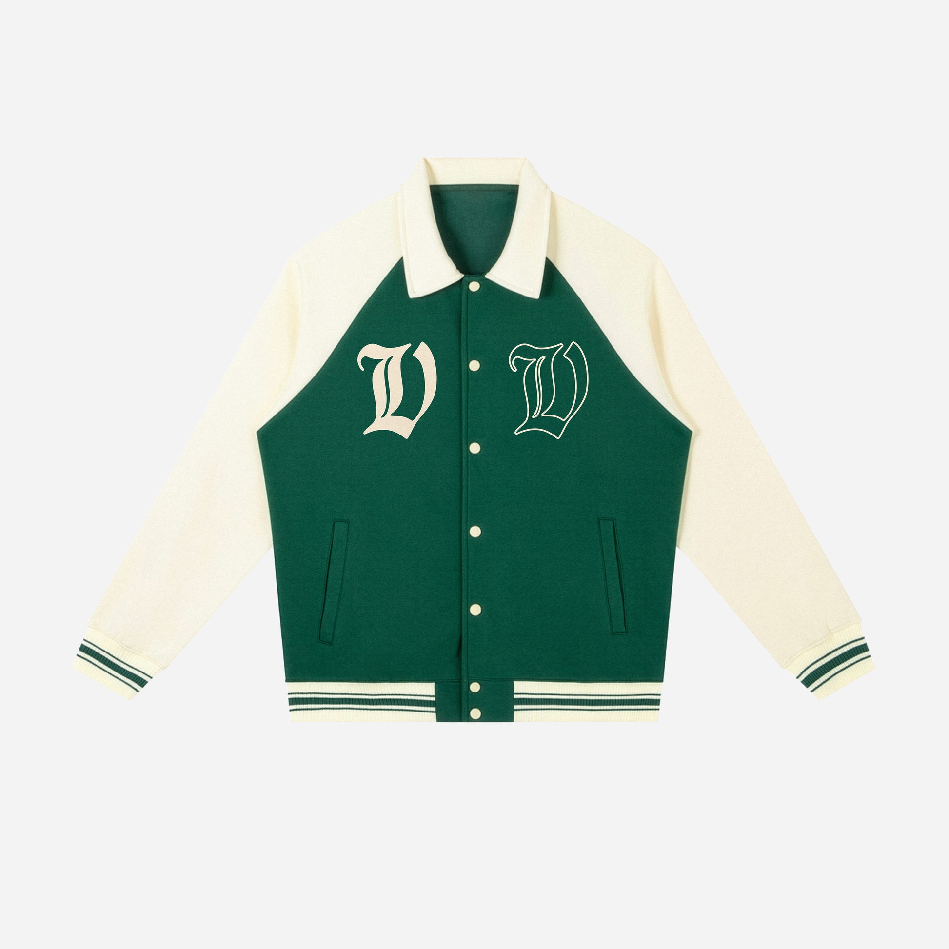 Green and cream varsity jacket with letter 'V' on a white background