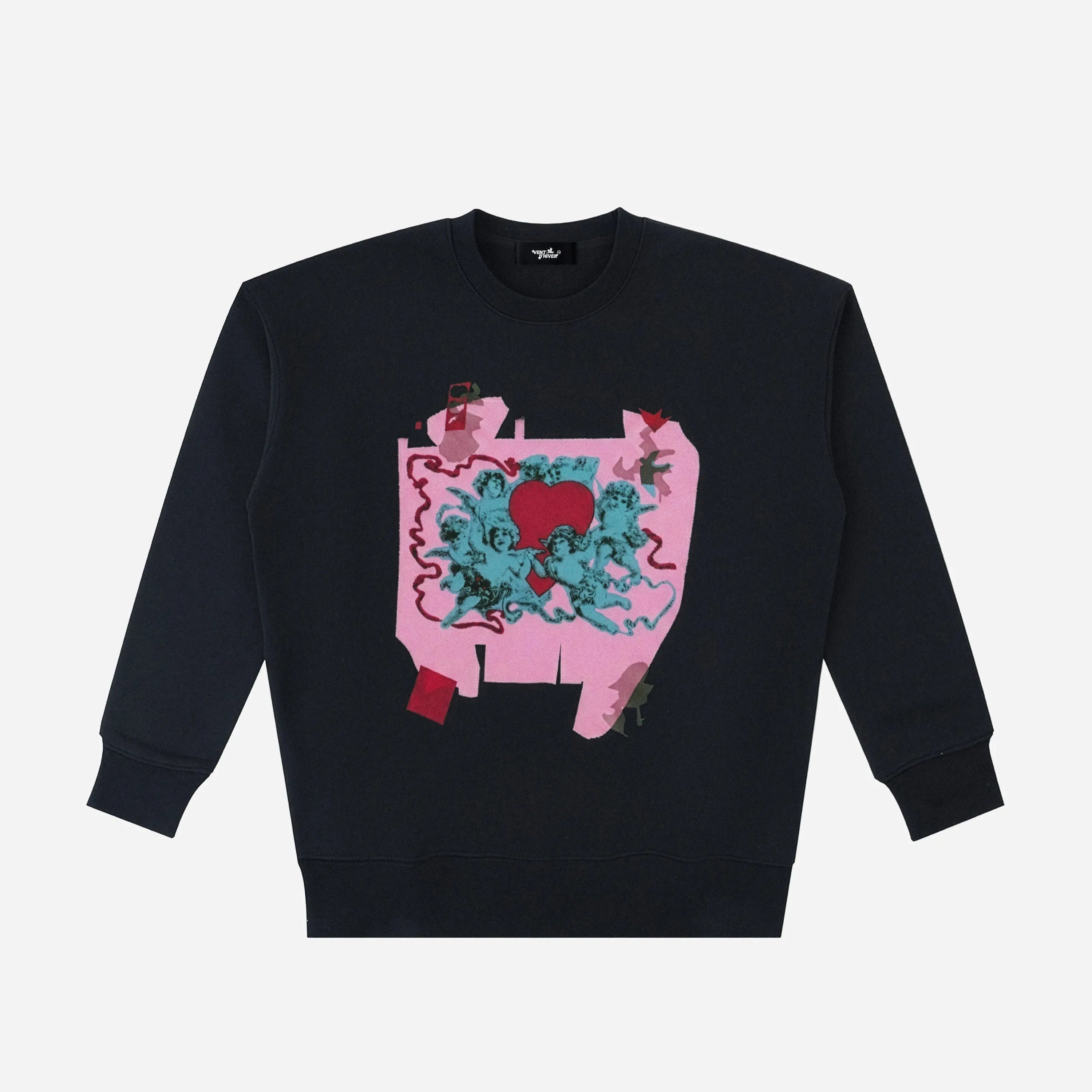 Black sweatshirt by VENT D'HIVER with colorful graphic design on a white background