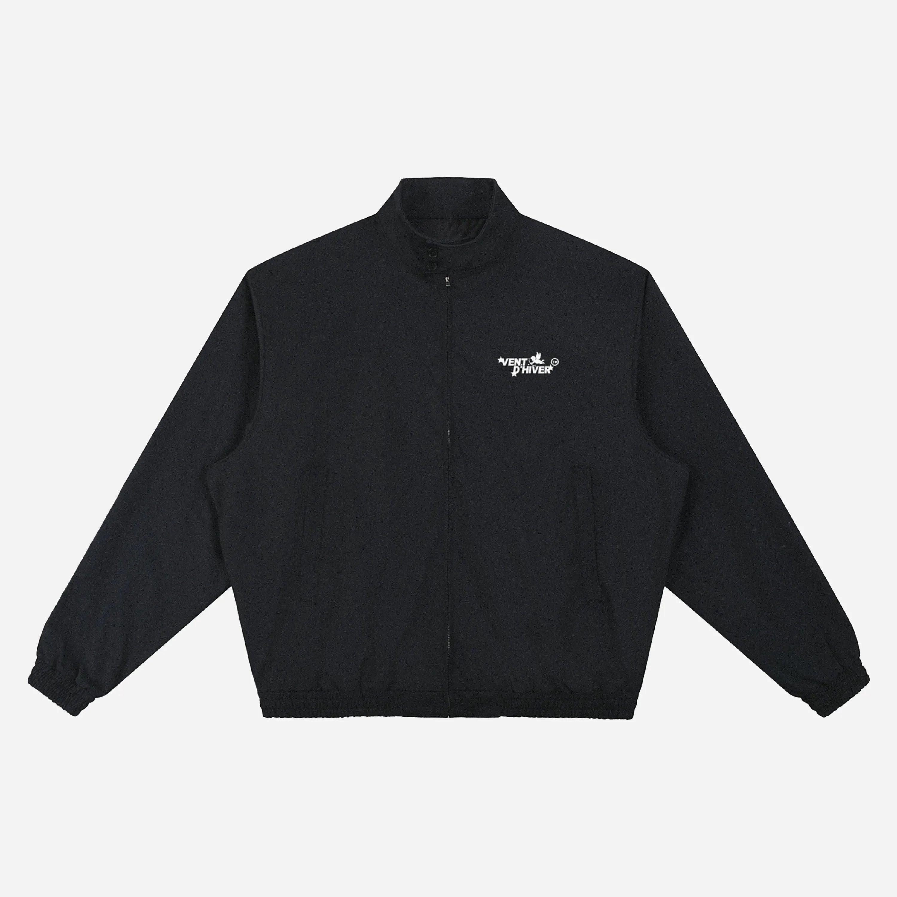 Black jacket bomber by VENT D'HIVER OG logo on a light gray background