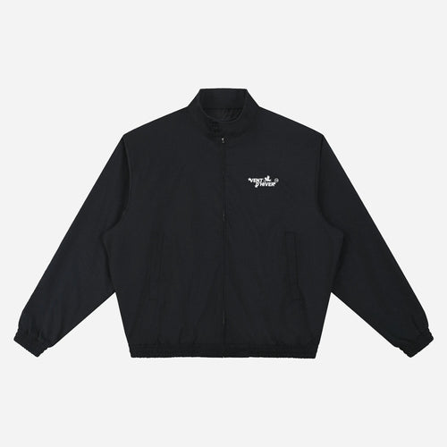 Black jacket bomber by VENT D'HIVER OG logo on a light gray background