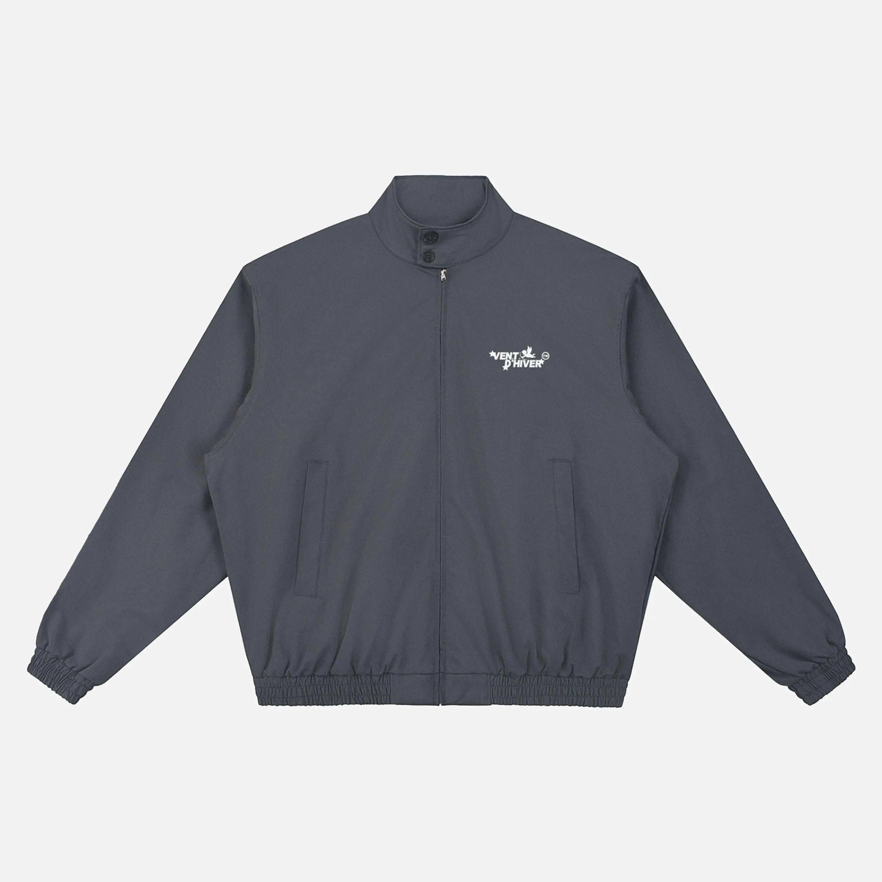 Gray bomber jacket by VENT D'HIVER with OG logo on a light gray background