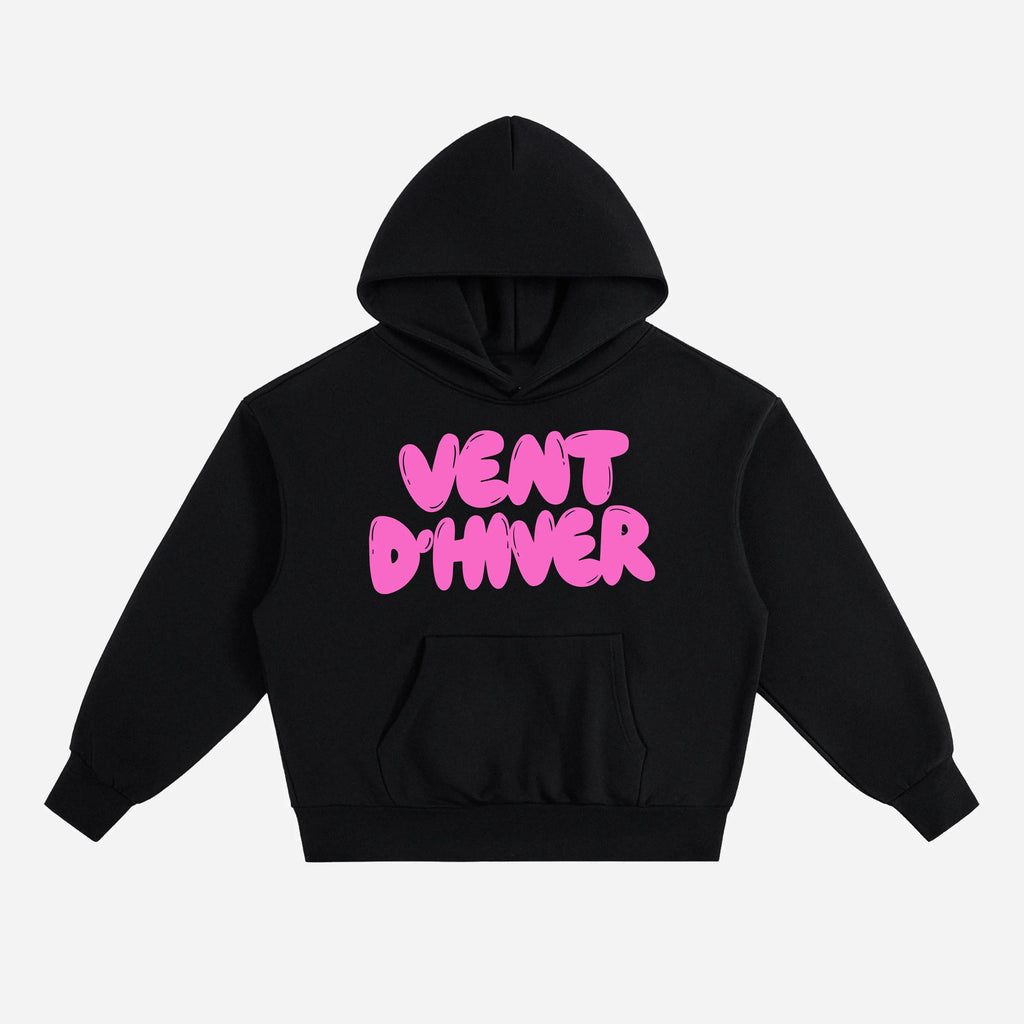 Black hoodie by VENT D'HIVER with pink text on a white background