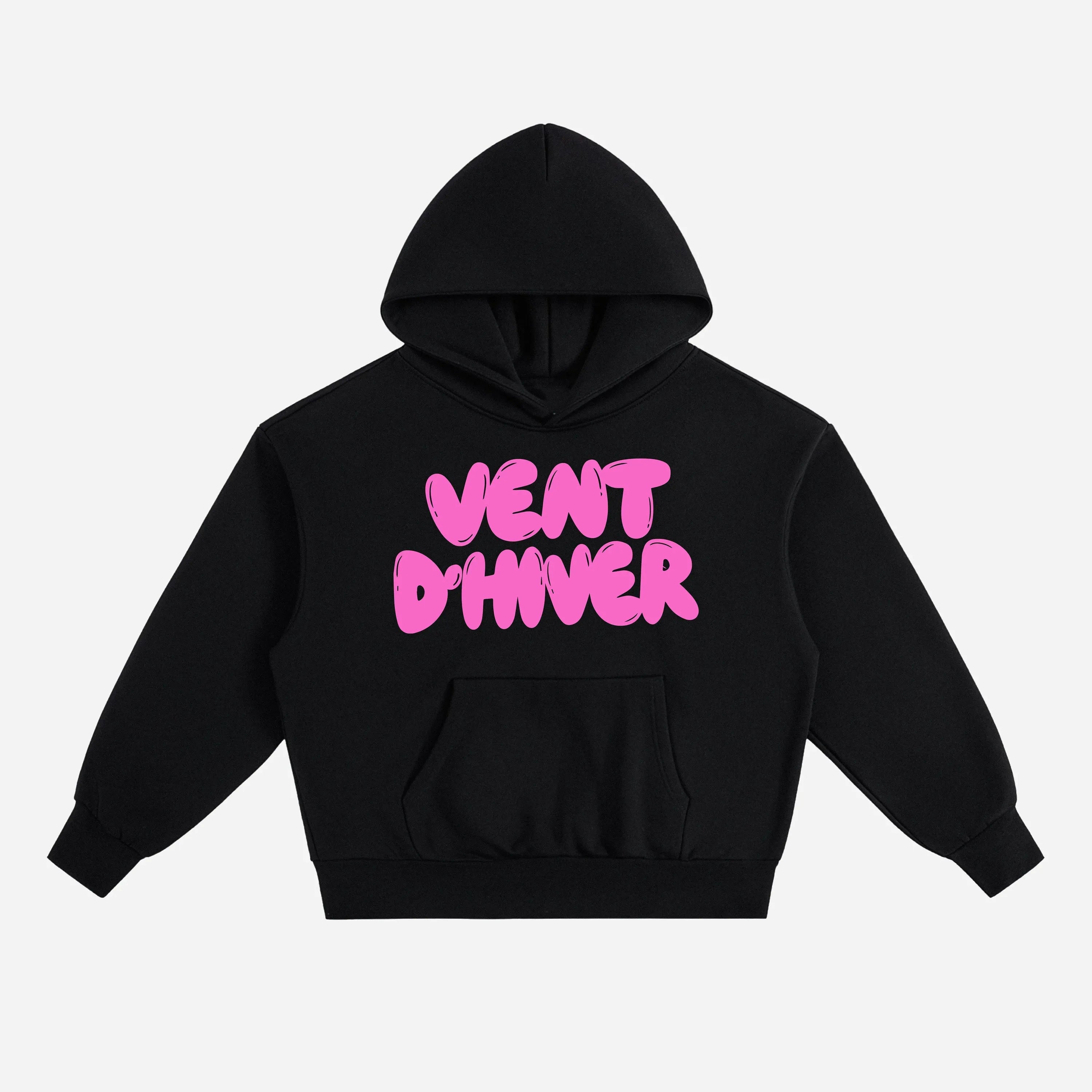 Black hoodie by VENT D'HIVER with pink text on a white background