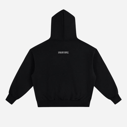 Black hoodie by VENT D'HIVER shown from the back on a white background