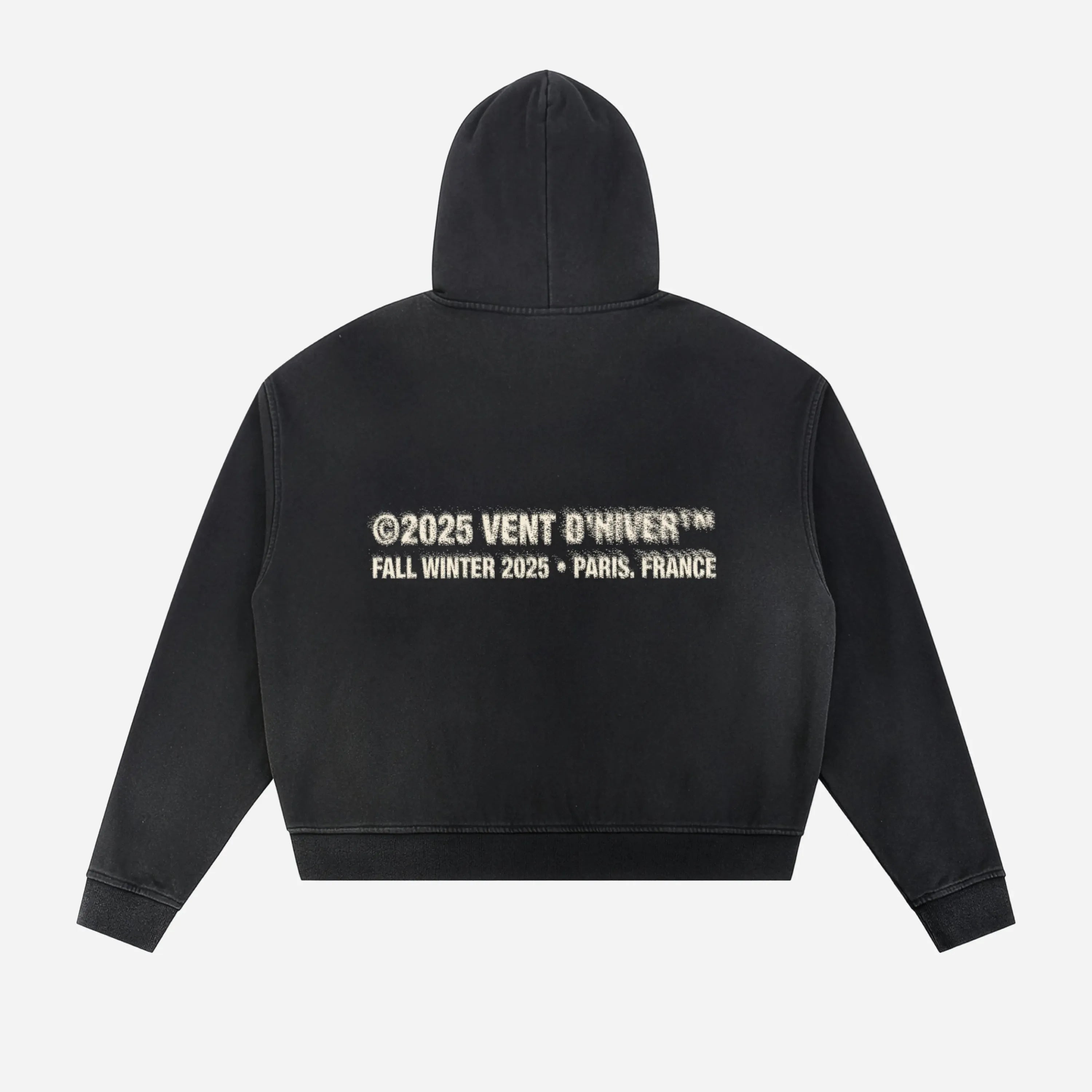 Black hoodie by VENT D'HIVER with text on the back against a white background