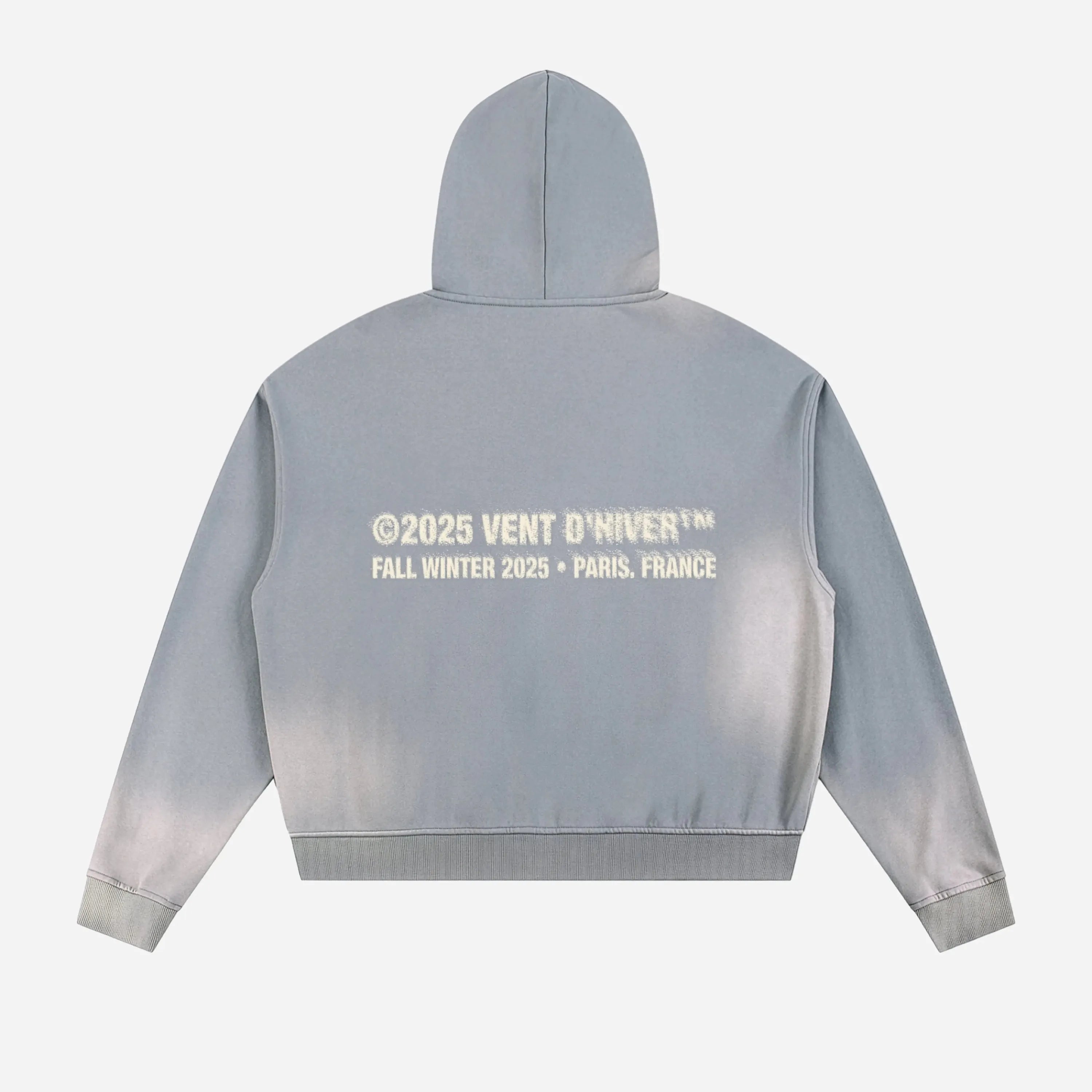 Gray hoodie by VENT D'HIVER with text on the back on a white background
