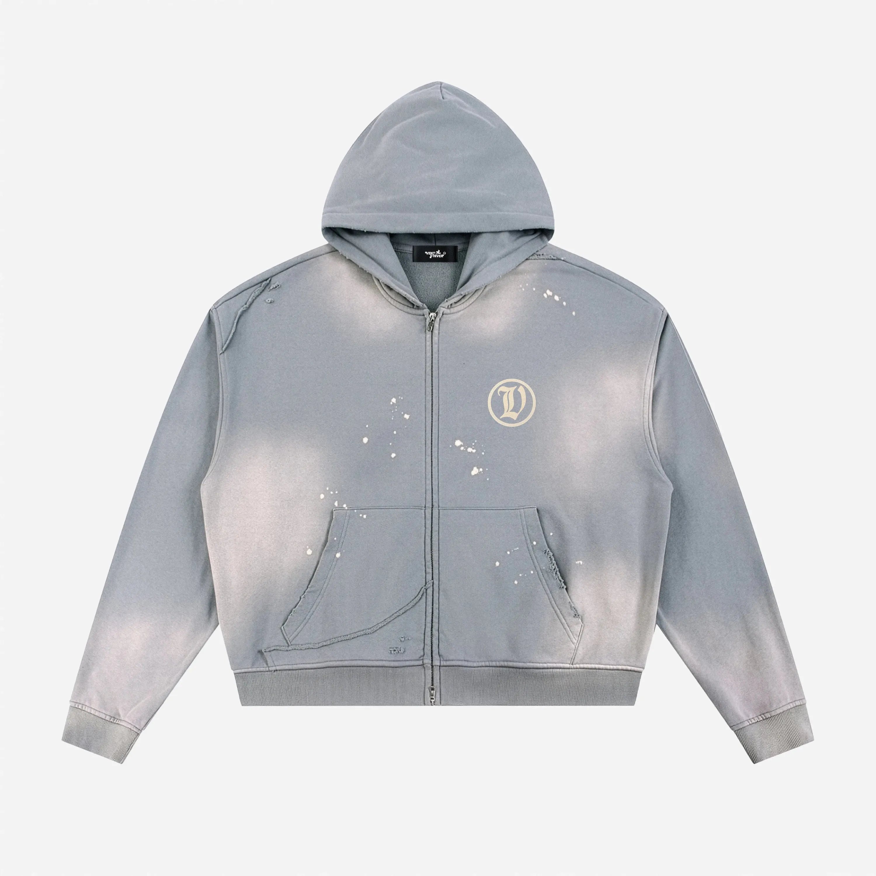 Gray zip hoodie by VENT D'HIVER with a logo on the chest against a white background