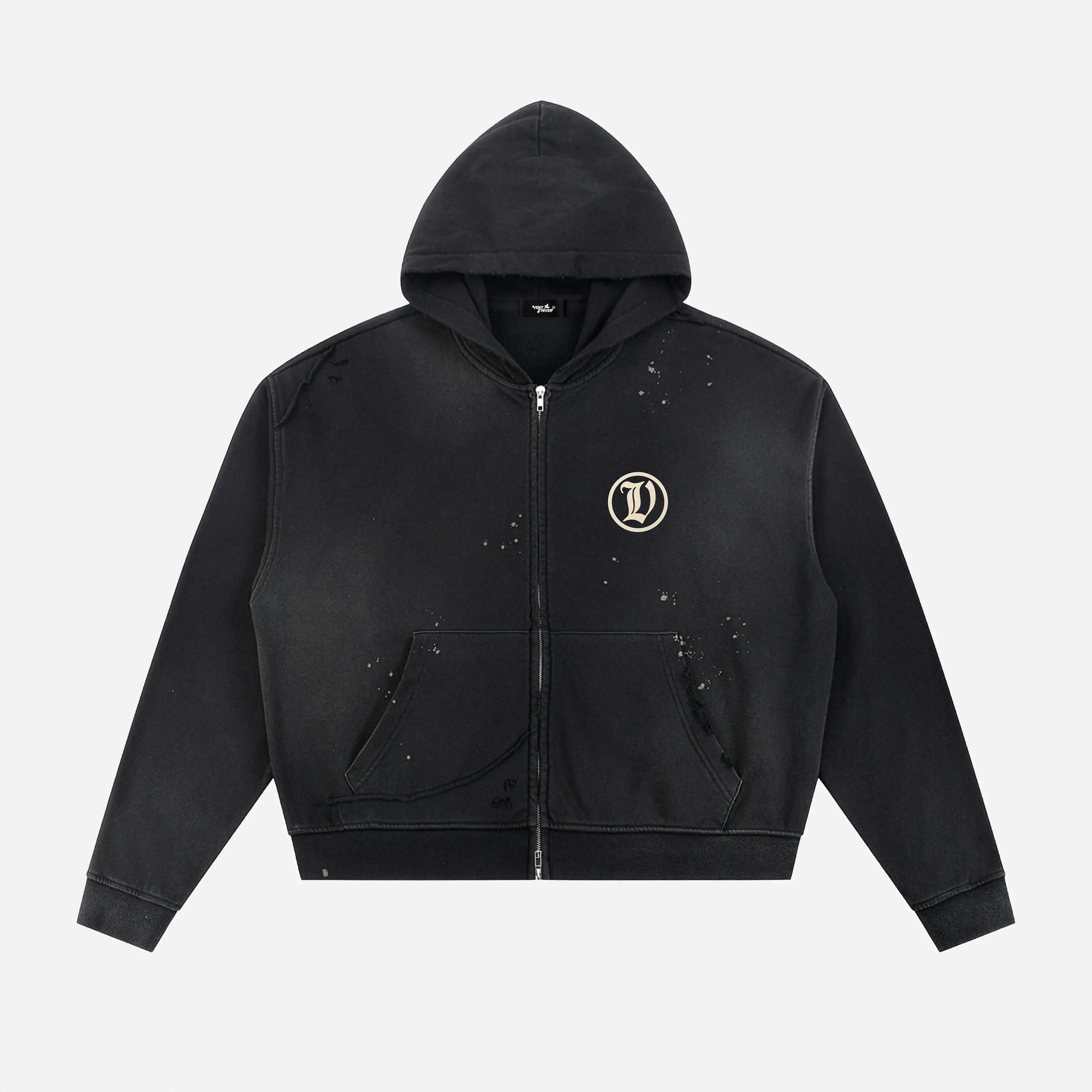 Black zip hoodie by VENT D'HIVER with monogram on front chest on a white background