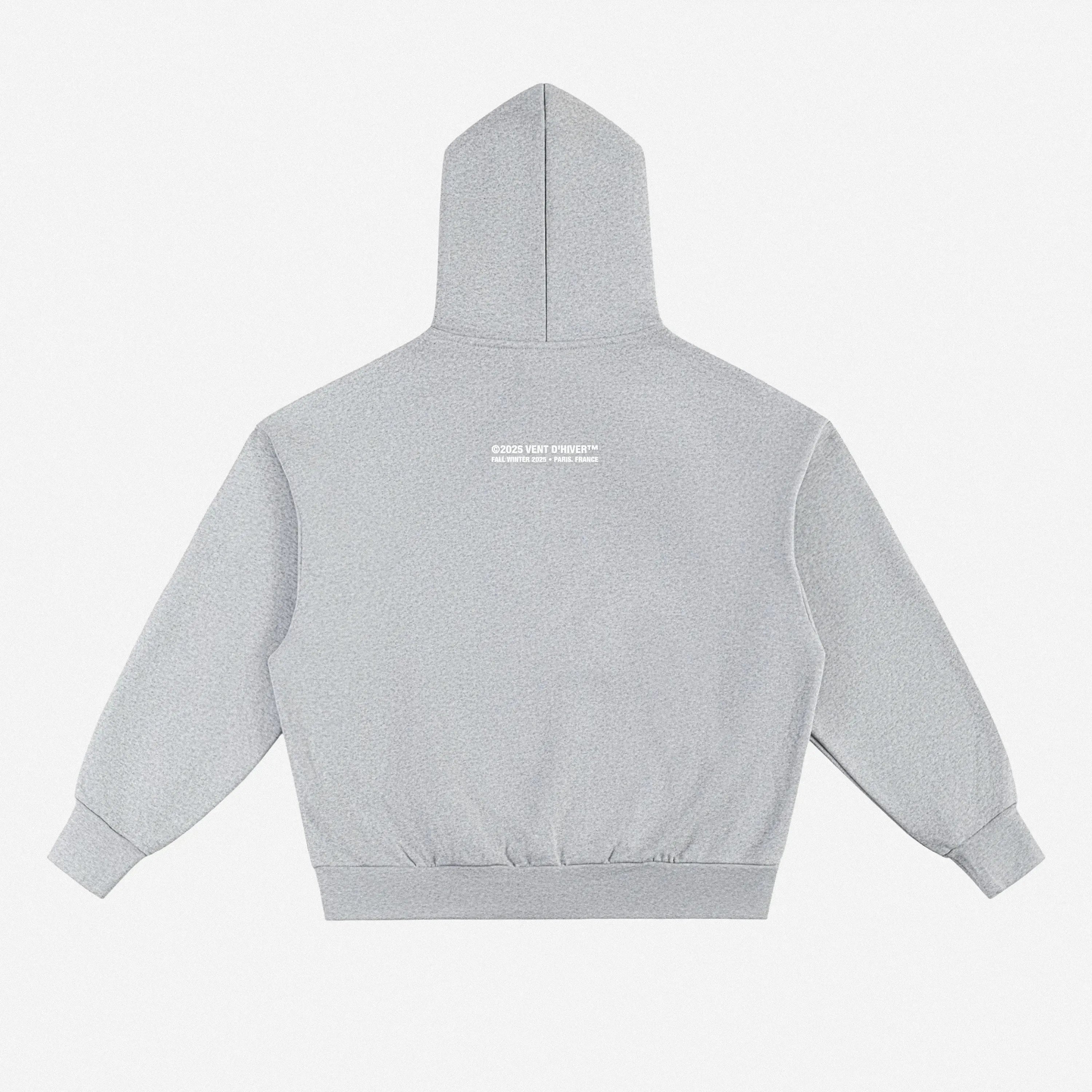Gray hoodie by VENT D'HIVER with collection text on the back against a white background
