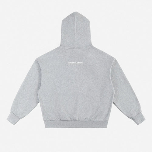 Gray hoodie by VENT D'HIVER with collection text on the back against a white background