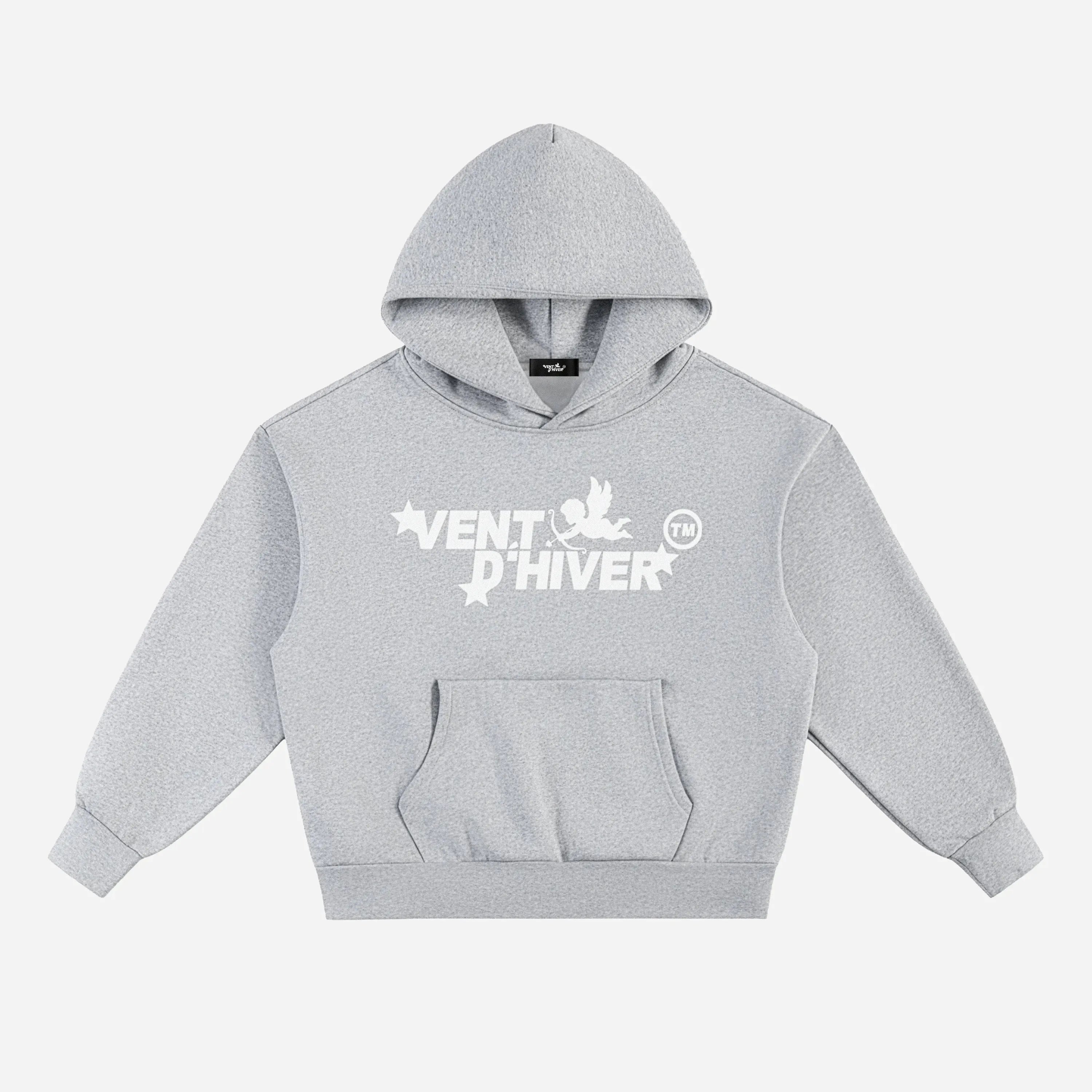 Gray hoodie by VENT D'HIVER with a white logo on a white background