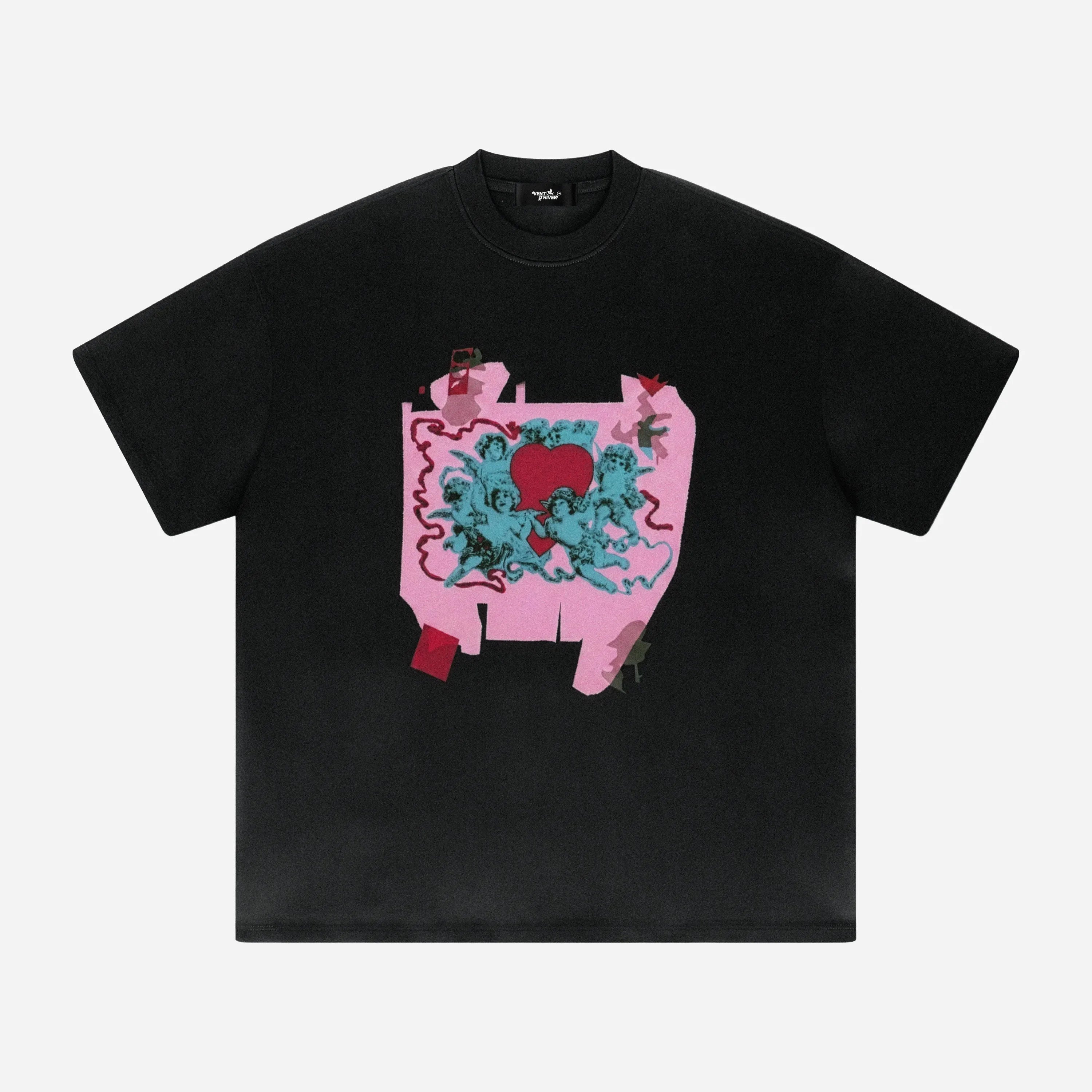 Black t-shirt by VENT D'HIVER with a colorful graphic design on a white background